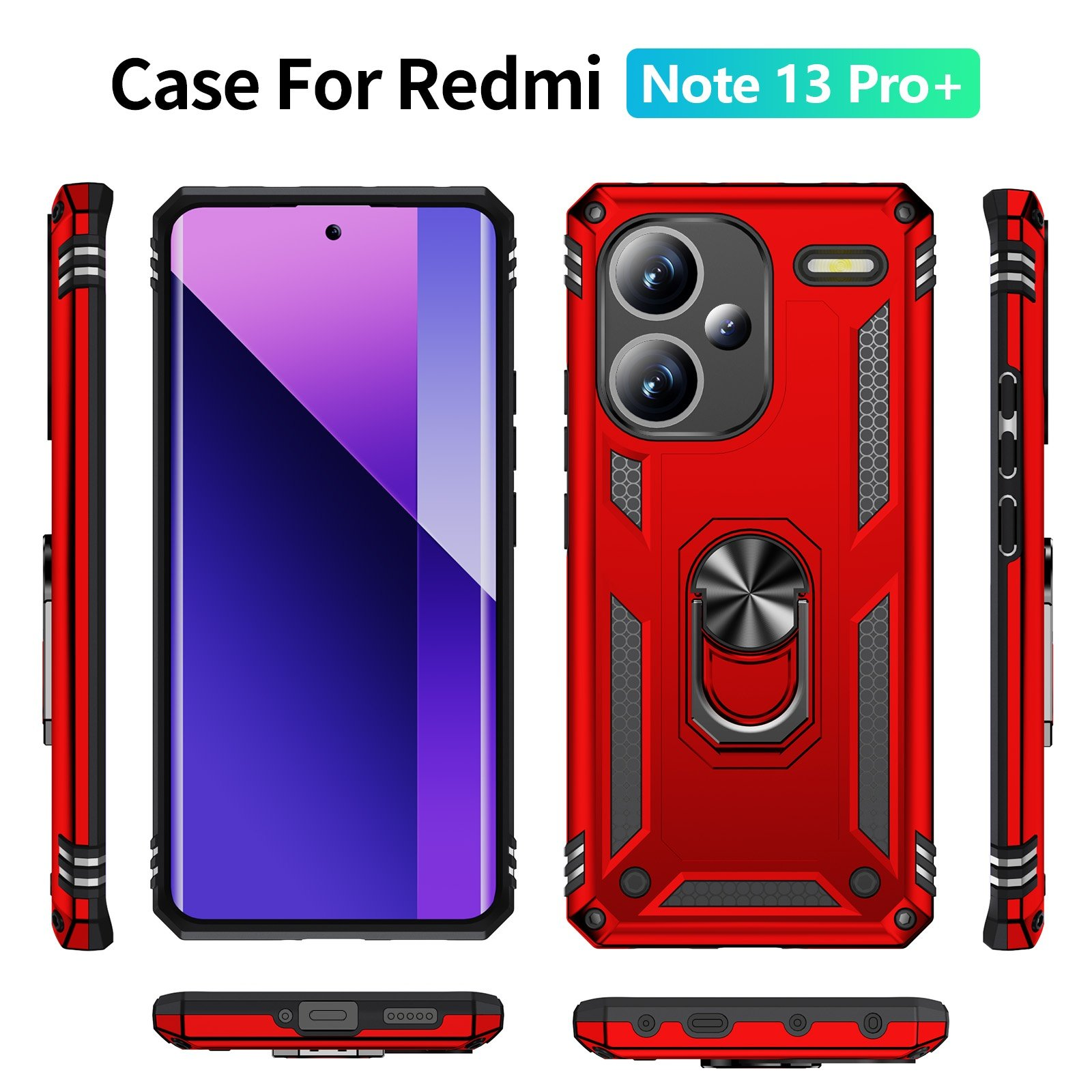 Teléfono con funda, rojo, seis ángulos, texto: Case For Redmi Note 13 Pro+.