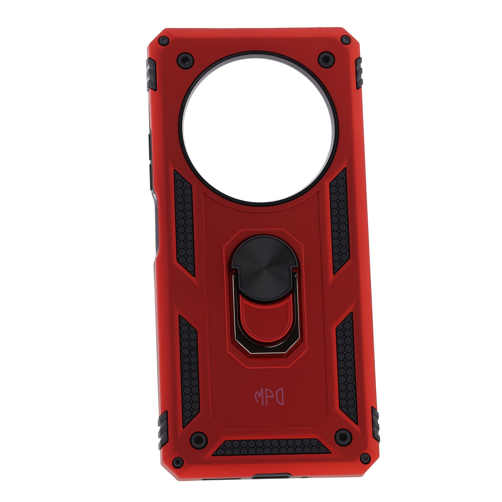 Funda de teléfono roja con anillo metálico y recortes de cámara, en ángulo, sobre fondo blanco.