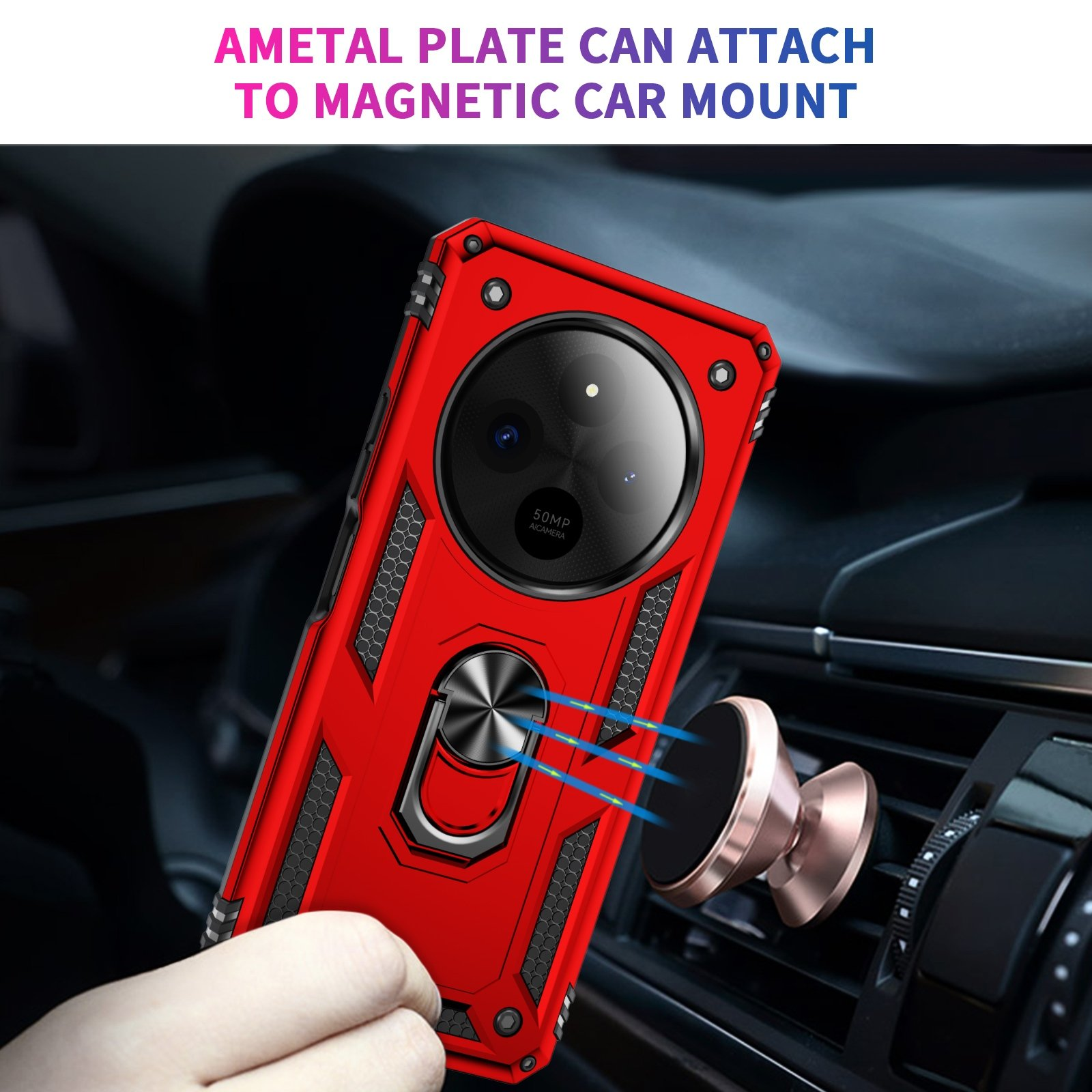 Funda roja para teléfono con soporte magnético para coche, sujeta al salpicadero.