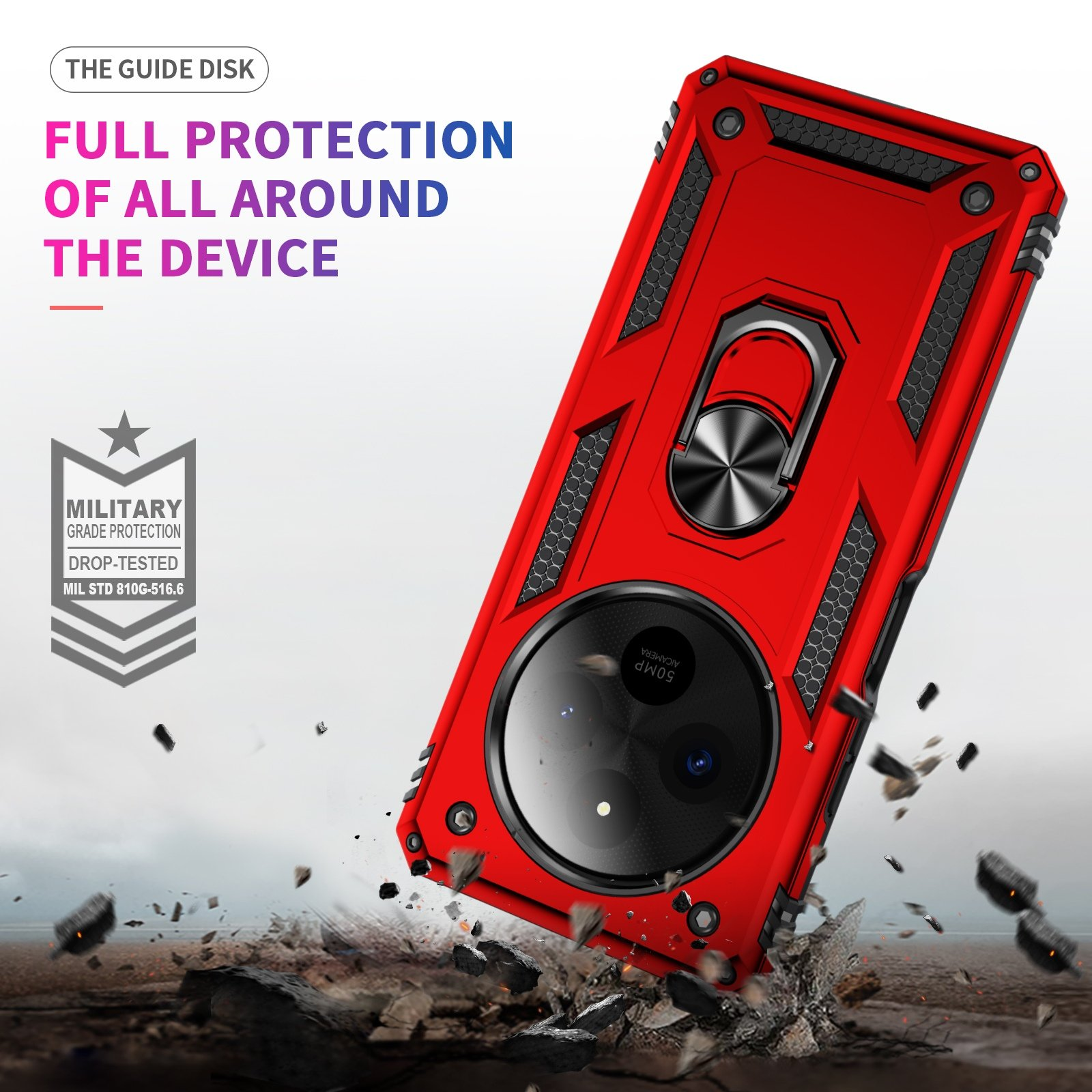 Funda roja con anillo, texto: Protección total alrededor del dispositivo. Escombros delante.