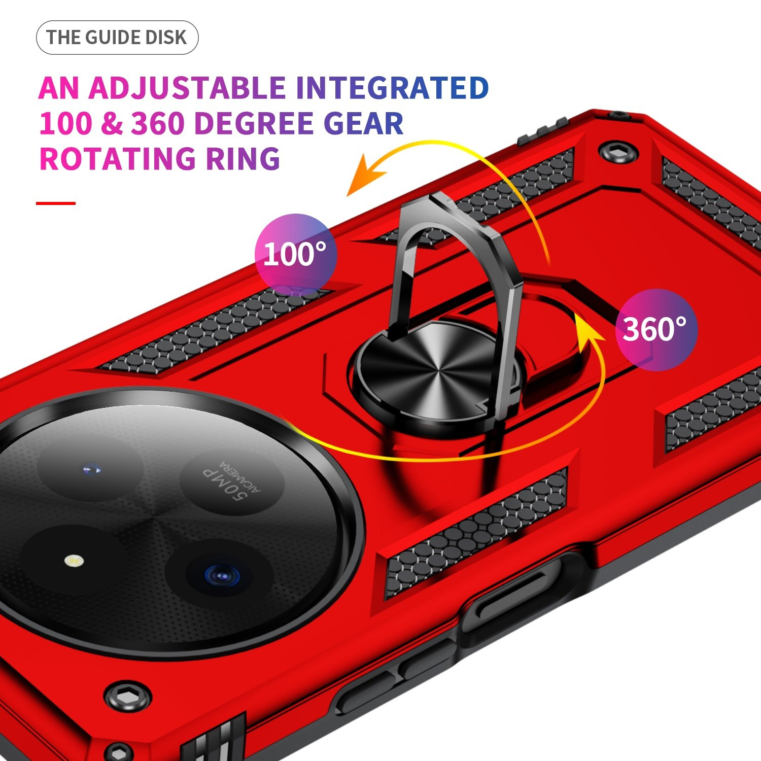 Funda roja con soporte de anillo. Muestra rotación de 100 y 360 grados.