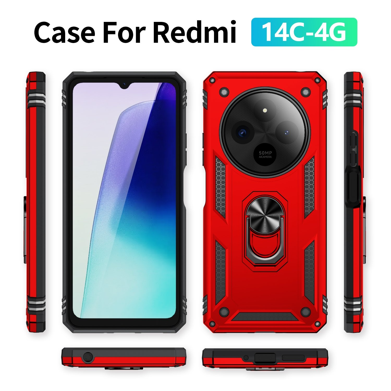Funda roja para teléfono con recorte de cámara, soporte de anillo y diseño protector, mostrando múltiples ángulos.