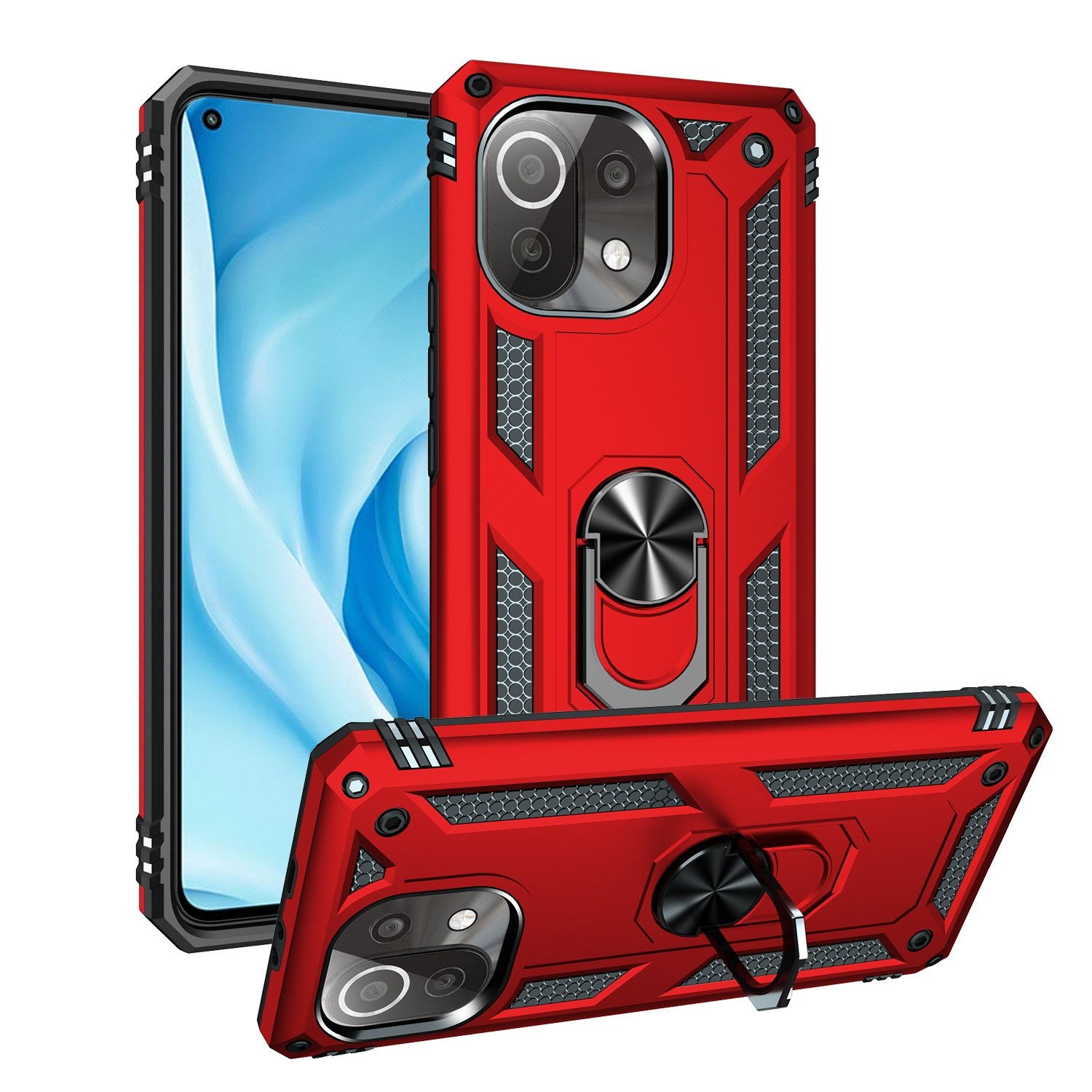 Funda roja con anillo giratorio. El teléfono está en la funda. Texto: Protección completa del dispositivo.