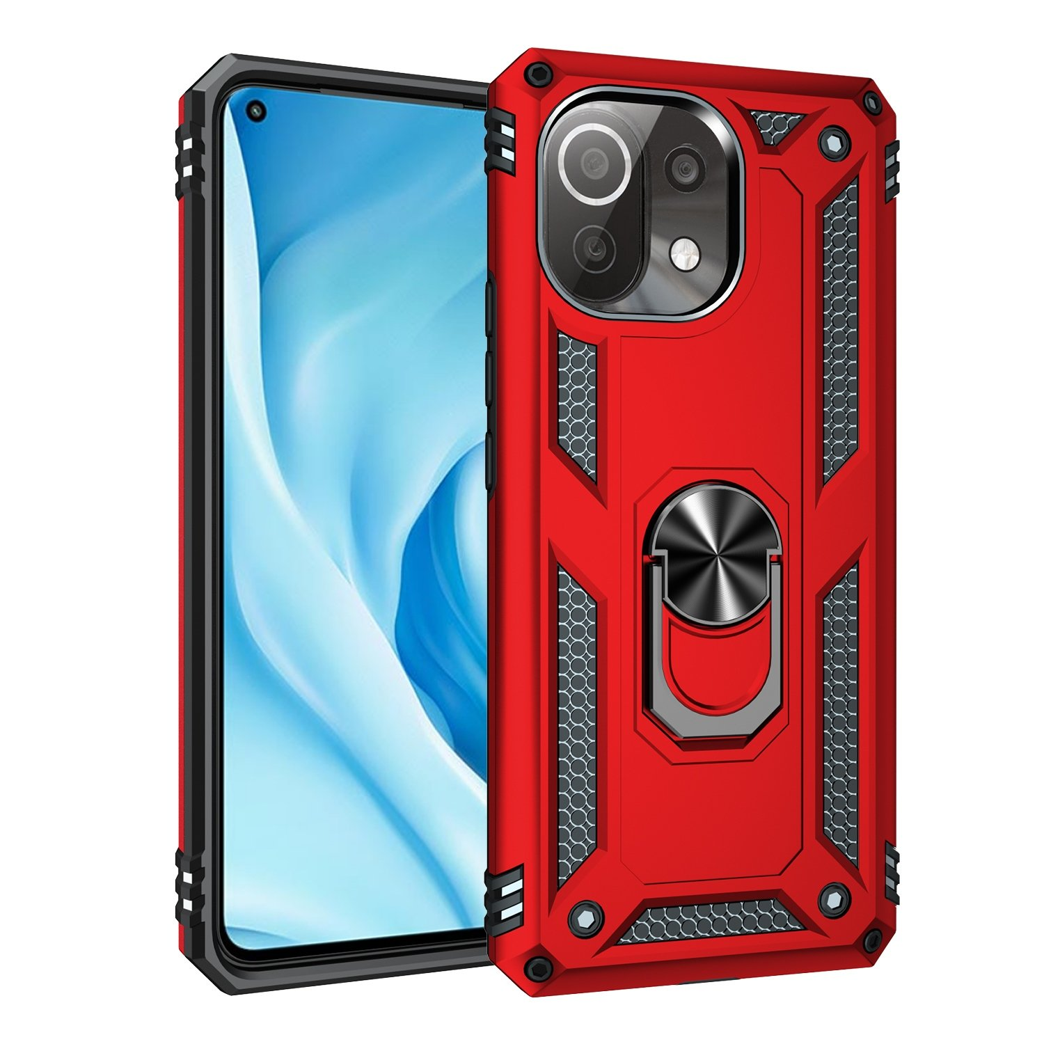 Funda roja con anillo giratorio. El teléfono está en la funda. Texto: Protección completa del dispositivo.
