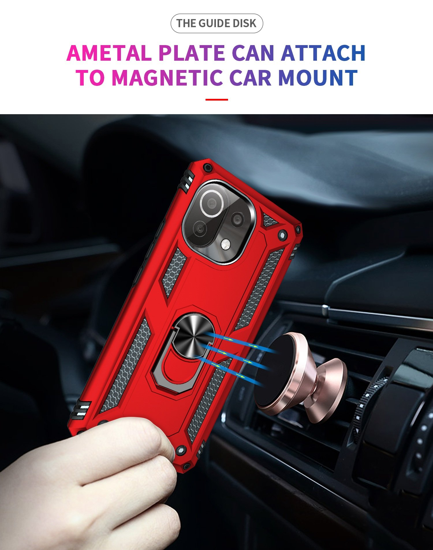 Funda de teléfono roja en un coche, sujeta a un soporte magnético para coche. Texto: Placa metálica se puede fijar a soporte magnético.