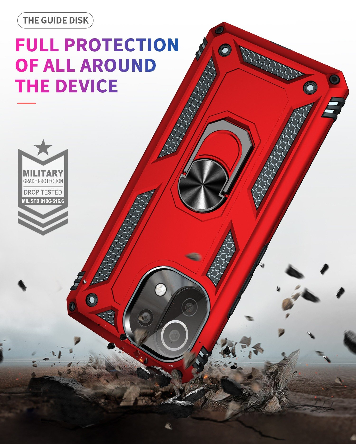 Funda roja para teléfono con soporte y diseño. Imagen muestra daño y protección contra impactos.