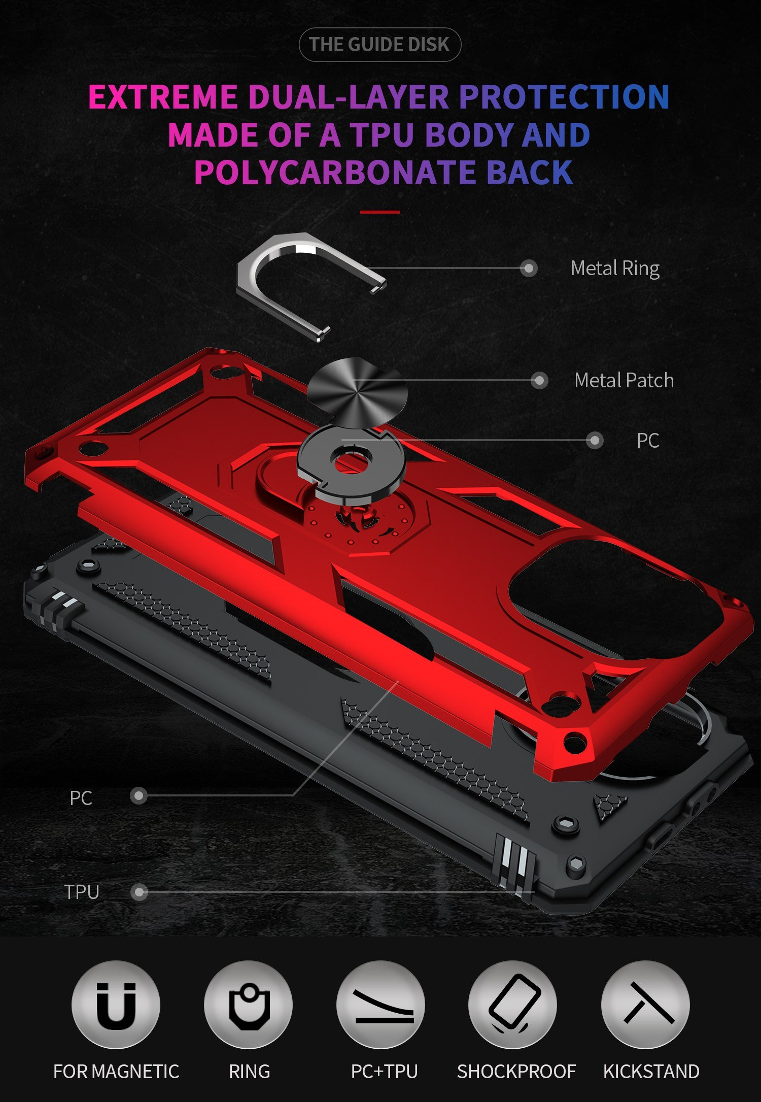 Vista explosionada de una funda de teléfono. Capas muestran PC, TPU, anillo y parche de metal. Colores rojo y negro.