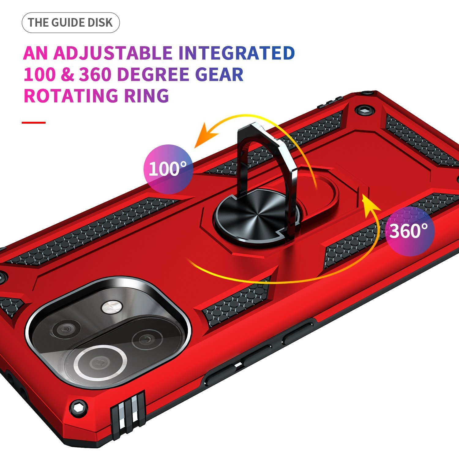 Funda roja con anillo giratorio, mostrando rotación de 100 y 360 grados. Flechas indican movimiento.