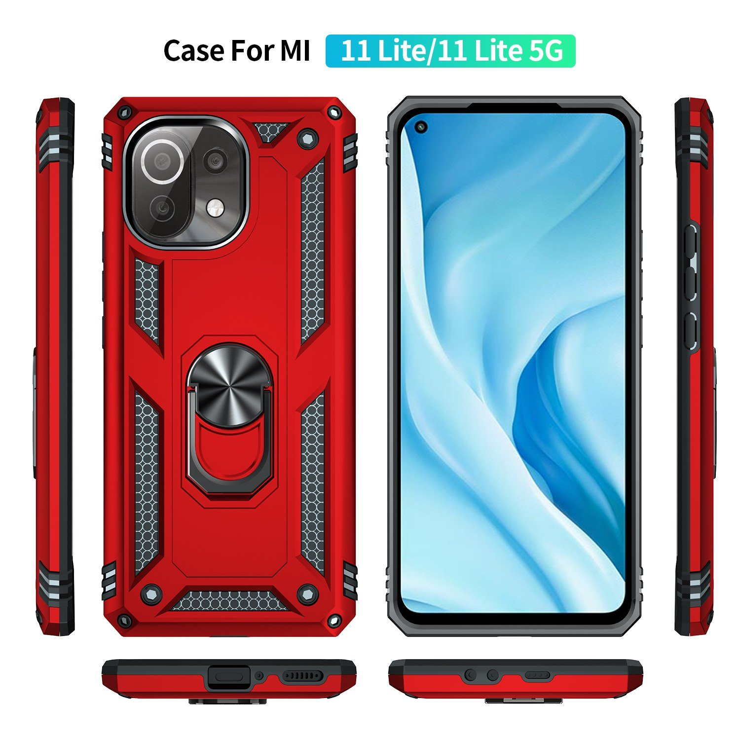 Funda de teléfono roja con soporte de anillo, teléfono a la derecha. La funda es para MI 11 Lite/11 Lite 5G.