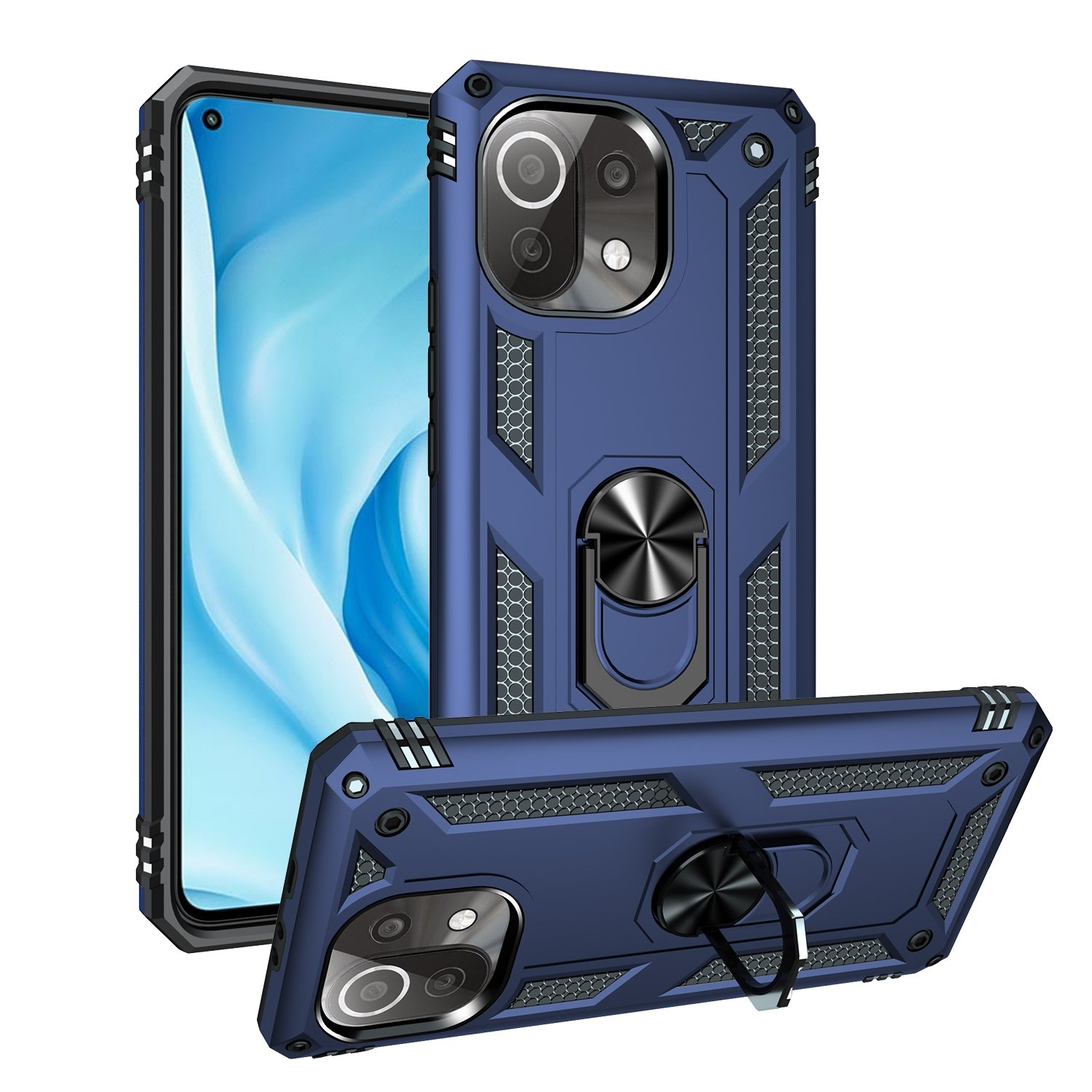 Funda azul para teléfono con soporte de anillo sobre fondo blanco. Muestra vistas frontal y posterior.