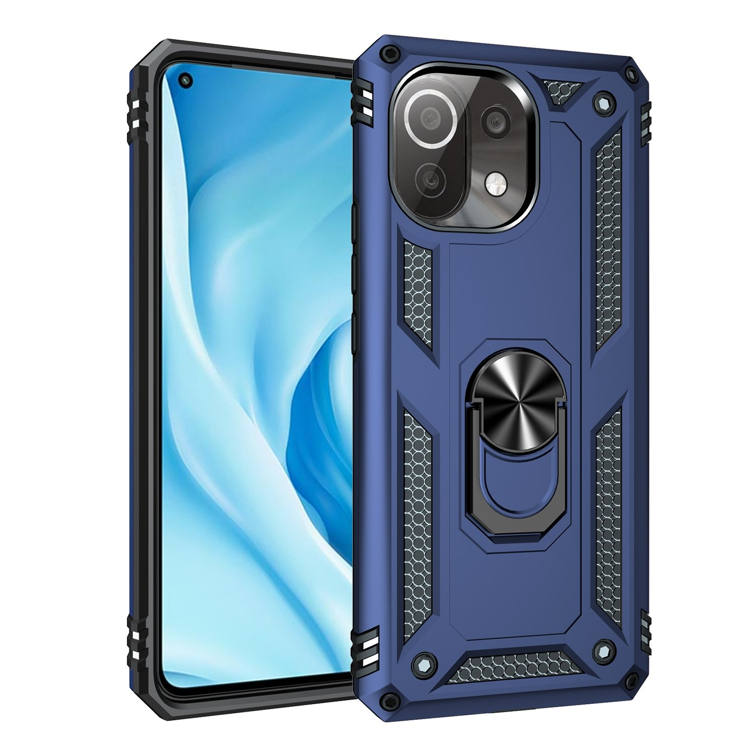 Funda azul para teléfono con soporte de anillo.
