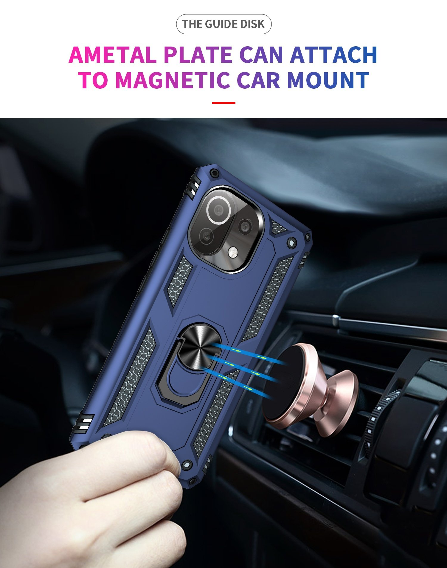 Funda azul para teléfono sujeta a un soporte magnético para automóvil. El texto dice: 'Una placa de metal se puede conectar al soporte magnético para automóvil'.