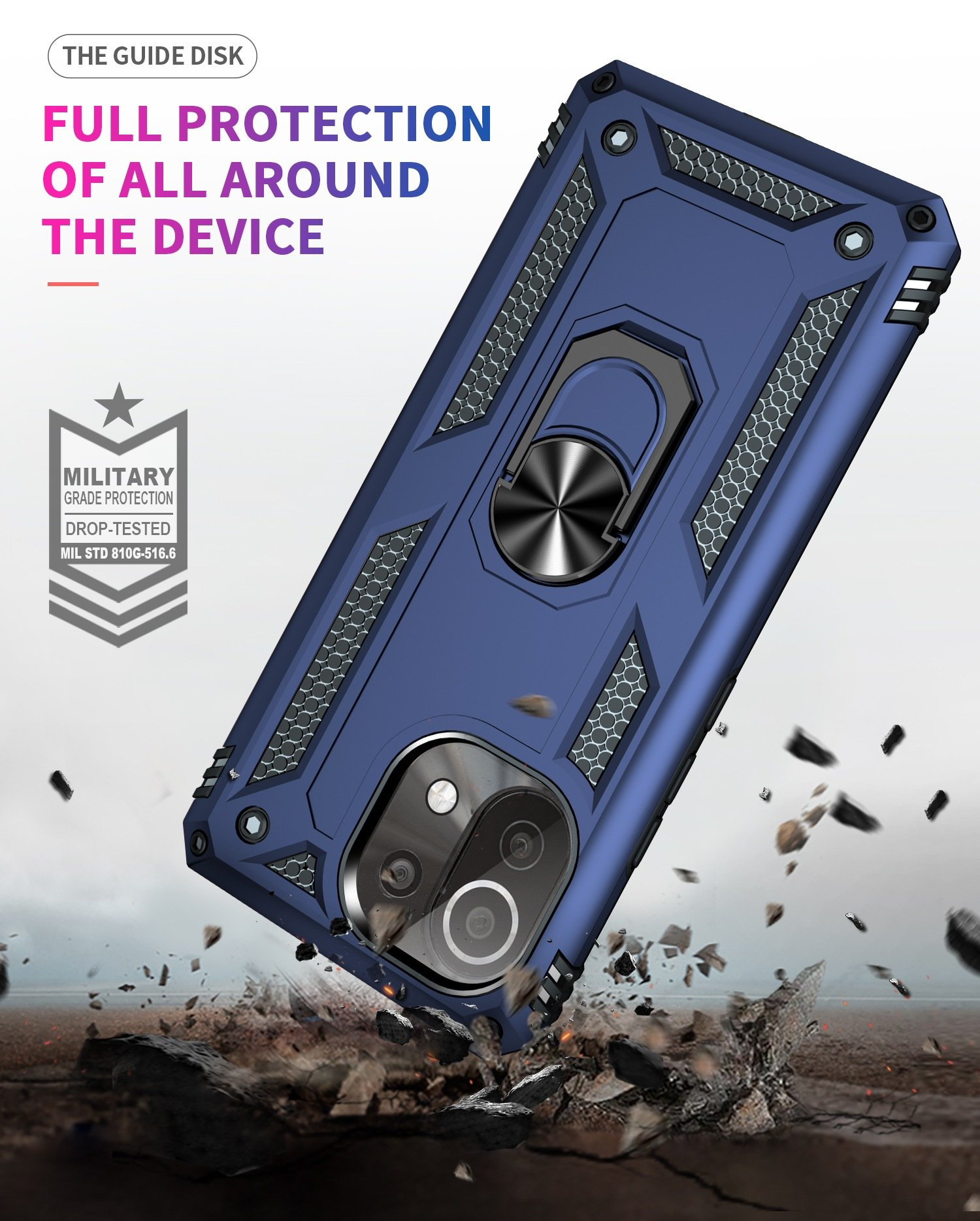 Funda azul para teléfono con soporte de anillo, mostrando una prueba de caída de grado militar.