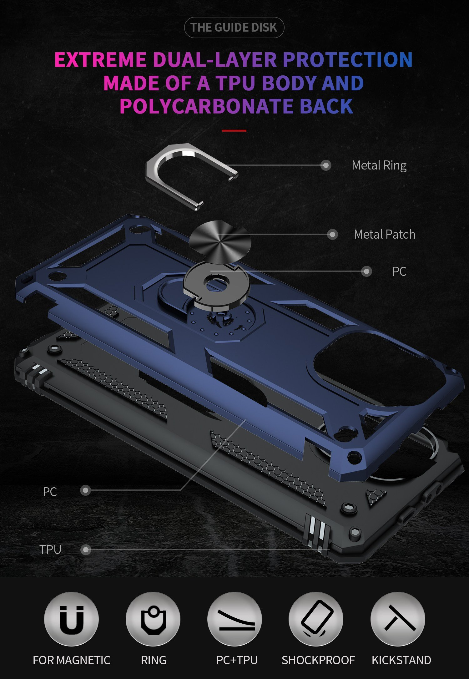 Vista explosionada de una funda de teléfono azul.