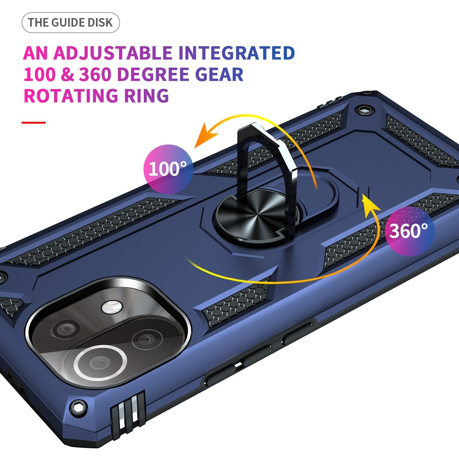 Funda azul con anillo giratorio. Texto: 'Anillo giratorio de engranaje integrado ajustable de 100 y 360 grados'.