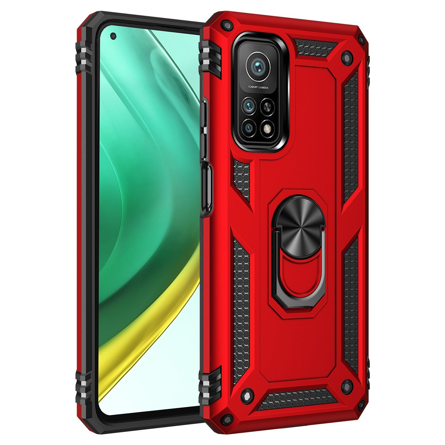 Funda de teléfono roja con teléfono. La funda tiene un anillo negro y un diseño hexagonal.