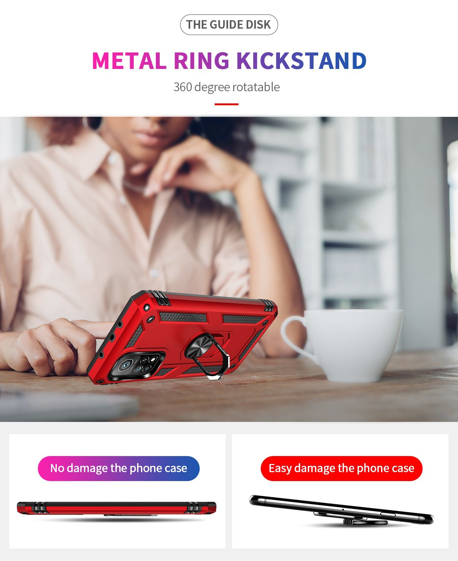 Una funda roja para teléfono con soporte de anillo está sobre una mesa. Una mujer está en el fondo.