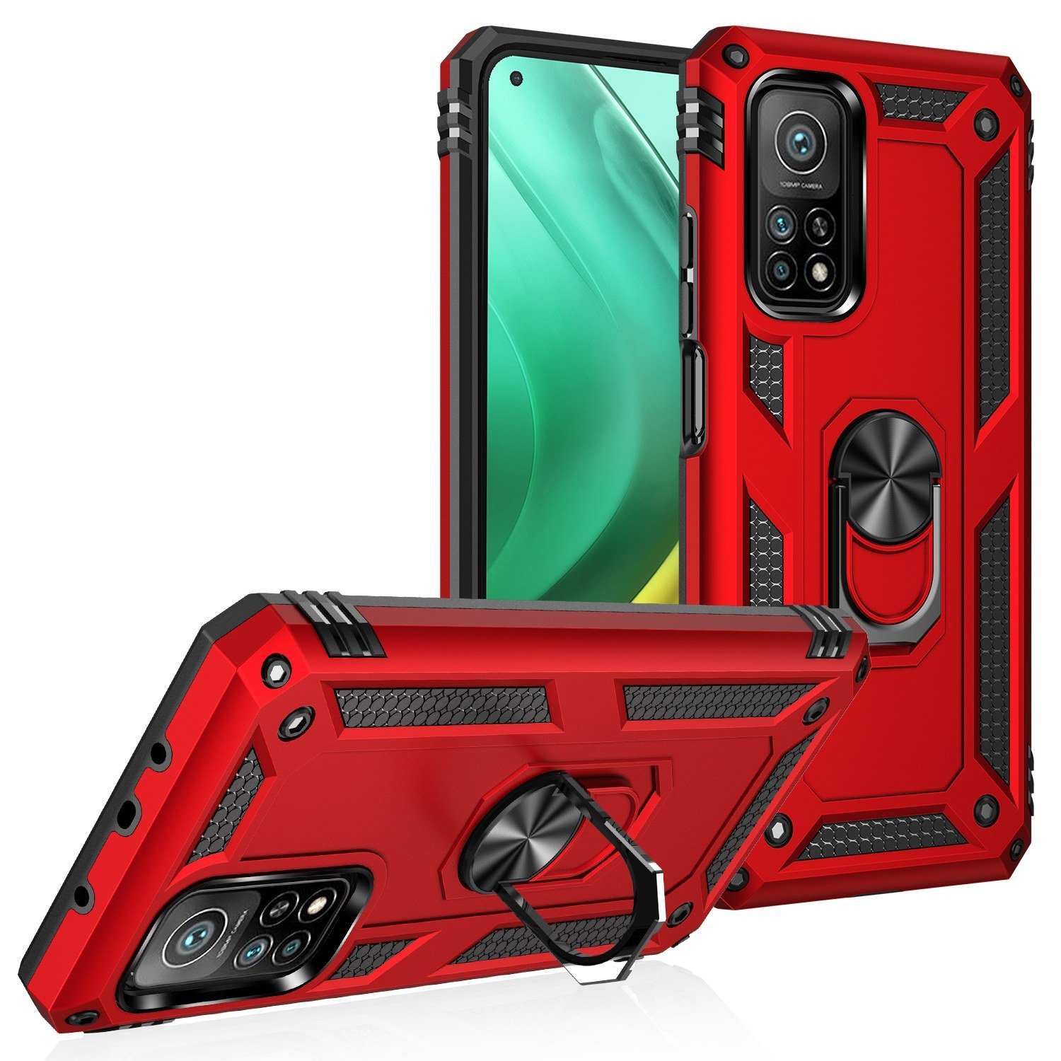 Funda de teléfono roja con teléfono. La funda tiene un anillo negro y un diseño hexagonal.