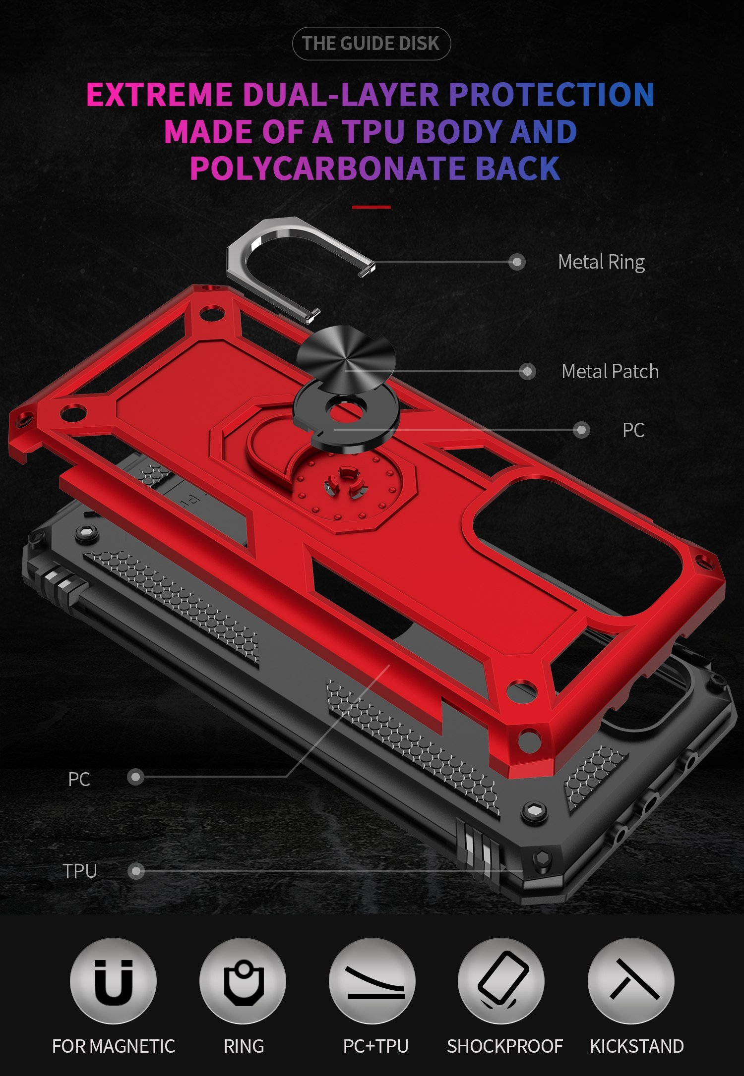 Capas de funda roja y negra con anillo. Texto sobre protección y materiales.