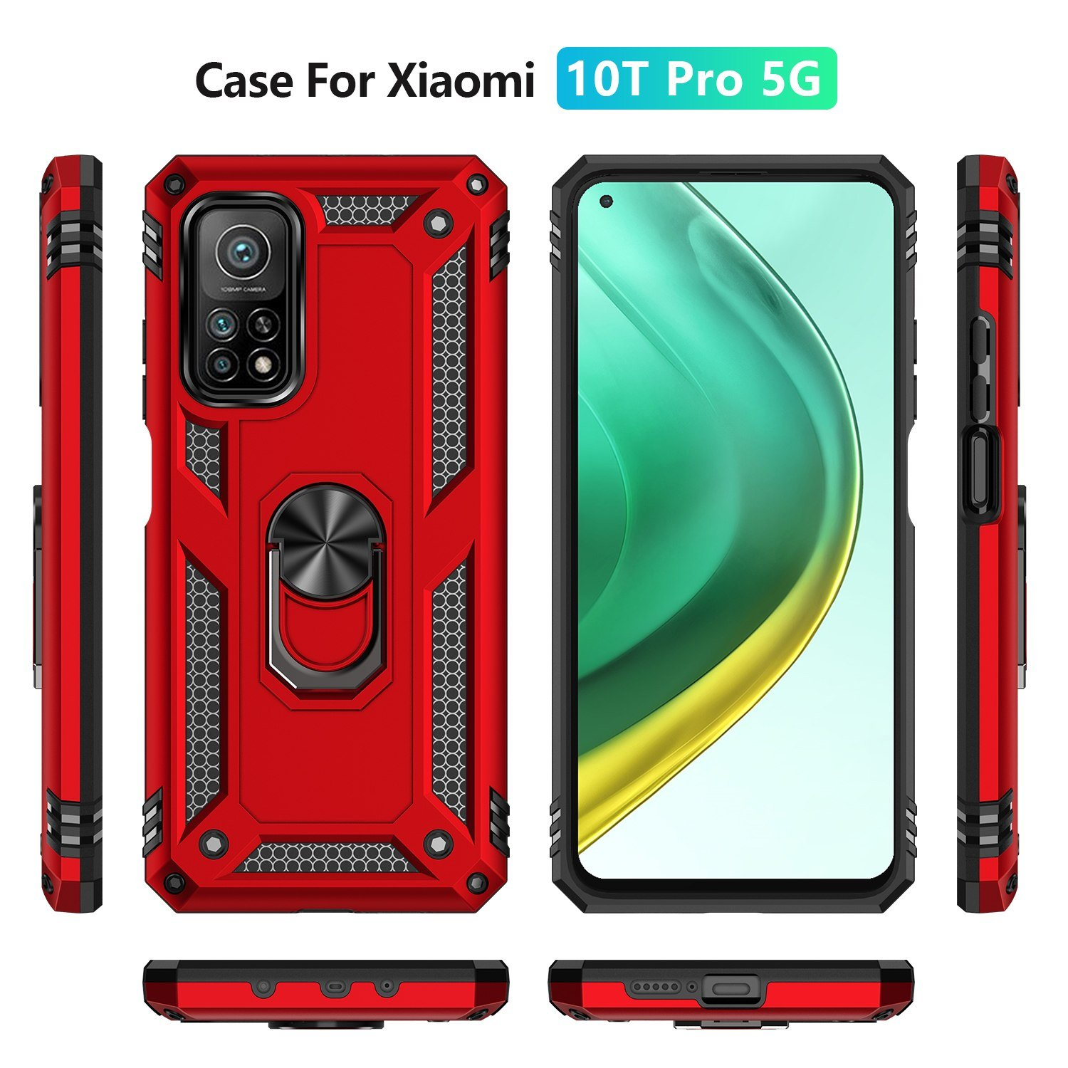 Funda roja y negra para Xiaomi 10T Pro 5G. Múltiples vistas, teléfono visible.