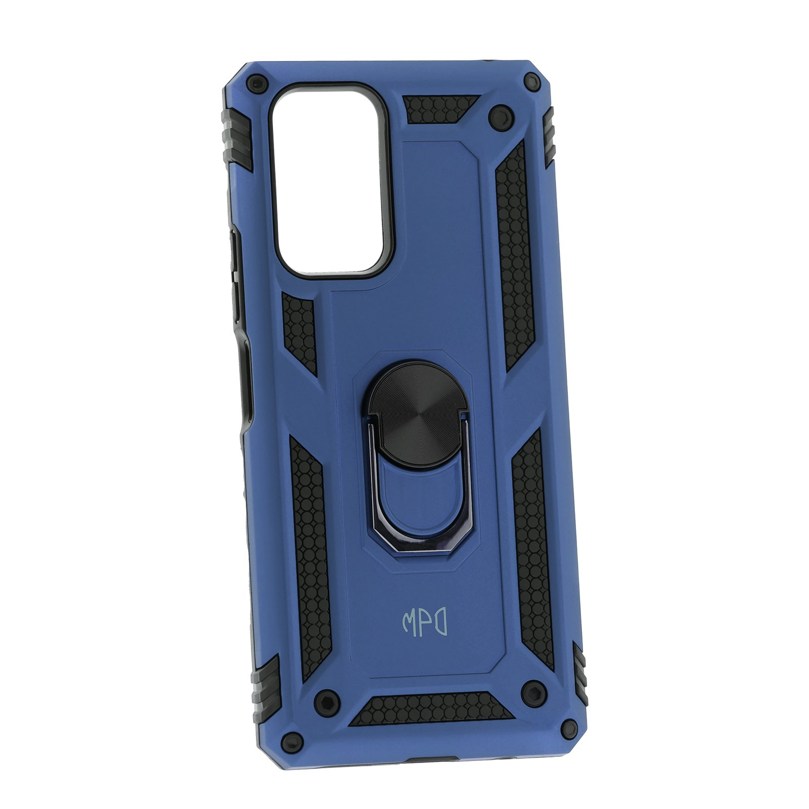 Funda de teléfono azul con anillo negro. La funda tiene un diseño hexagonal y detalles negros.