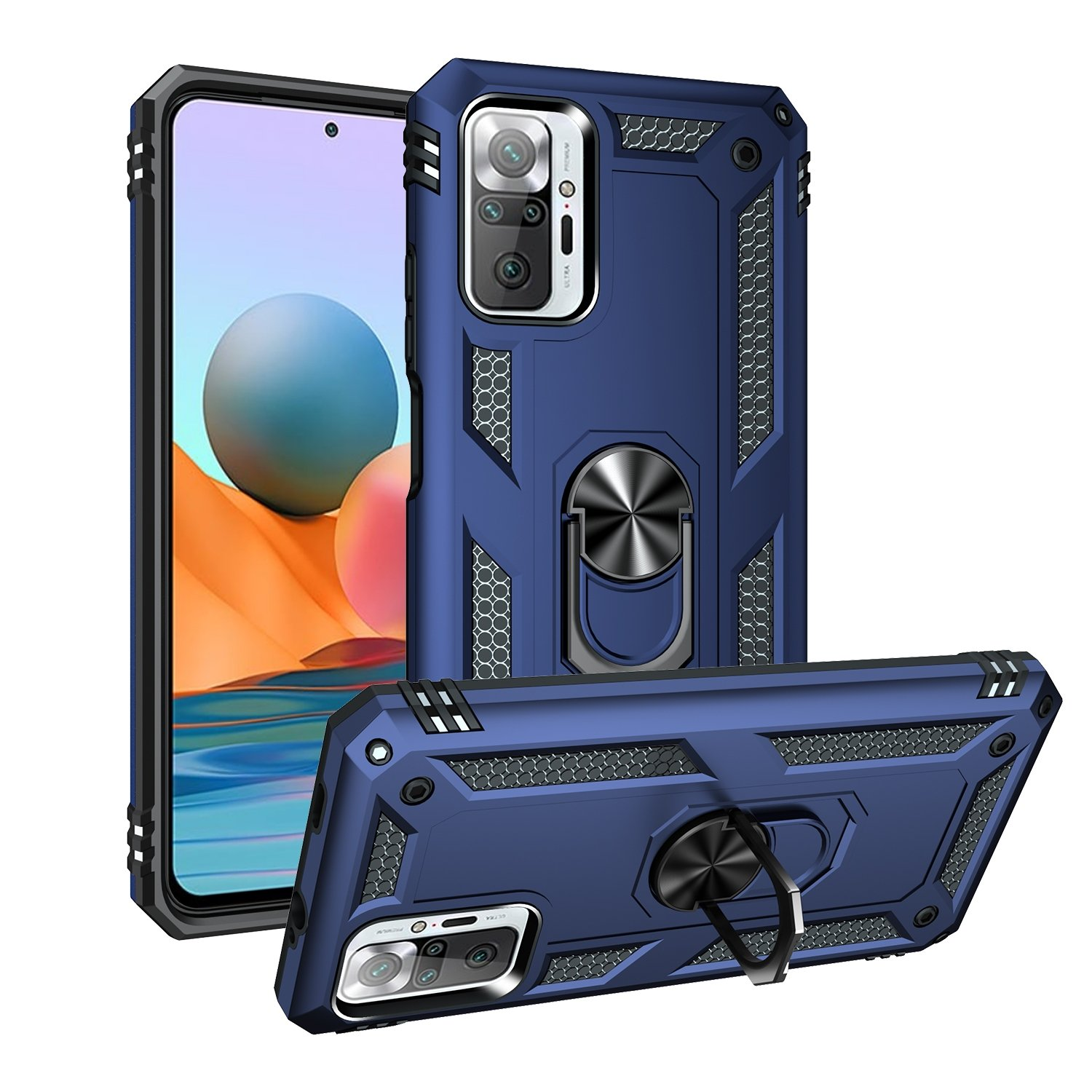 Funda de teléfono azul con teléfono. La funda tiene un anillo negro y un diseño hexagonal.