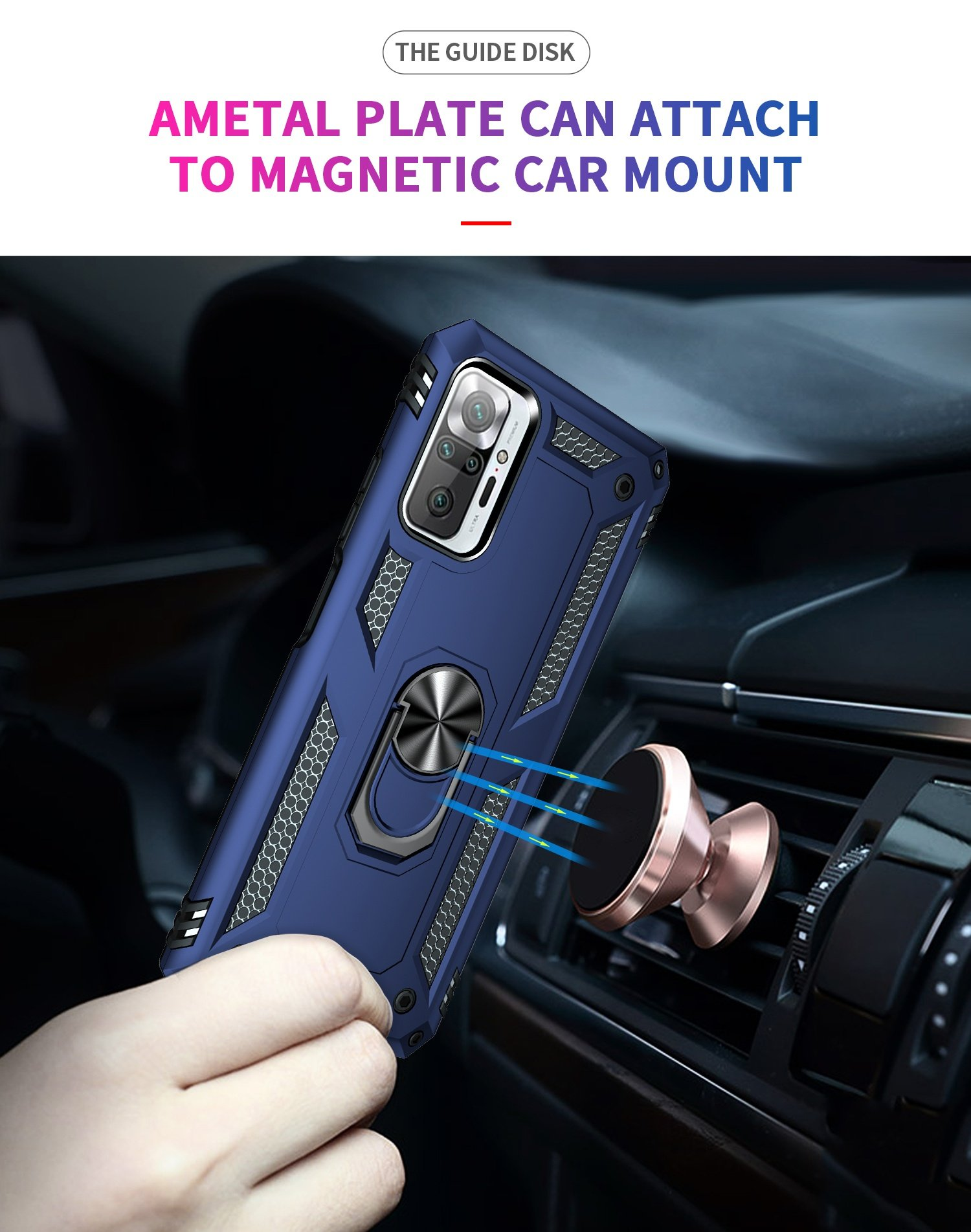 Funda azul con anillo, sujeta a un soporte de ventilación. Fijación magnética visible.