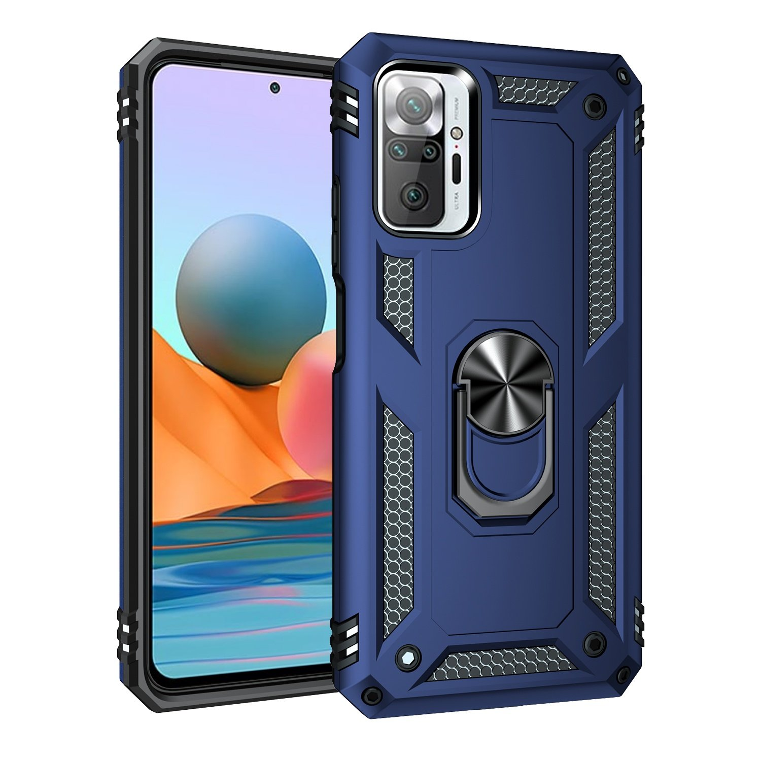 Funda azul con soporte de anillo, colocada en un teléfono, con pantalla visible.