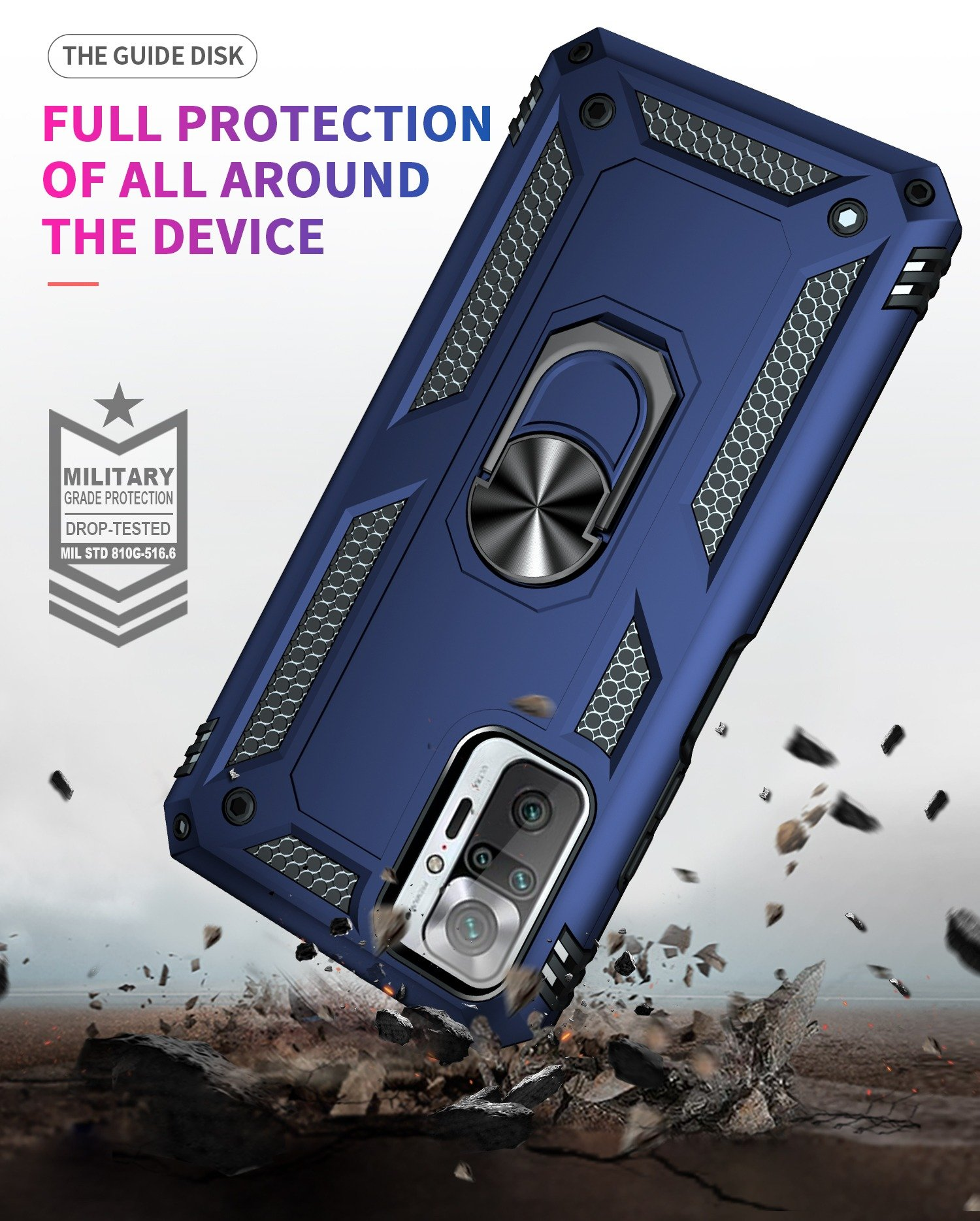 Funda azul con anillo, en ángulo con escombros. El texto dice protección total del dispositivo.