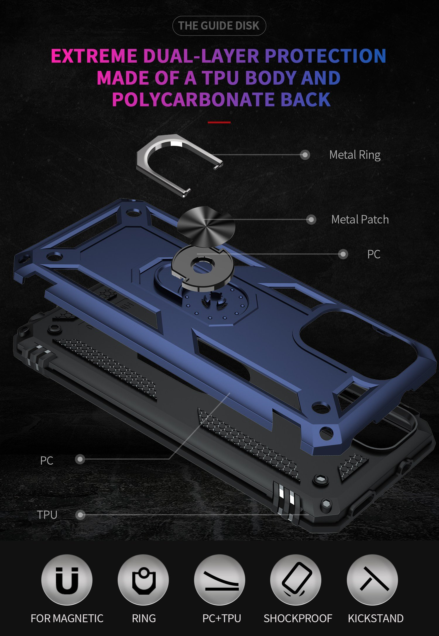 Diagrama de una funda de teléfono con anillo metálico, parche metálico y capas de PC y TPU. Iconos abajo.
