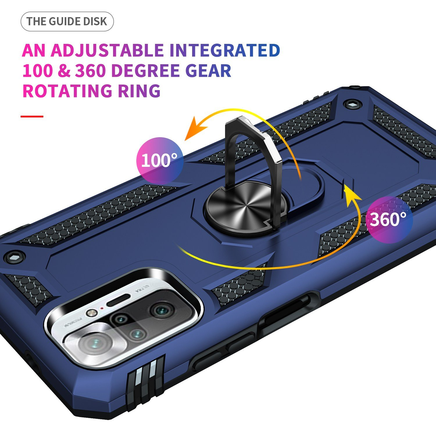 Funda azul con anillo giratorio. El texto muestra rotación de 100 y 360 grados.