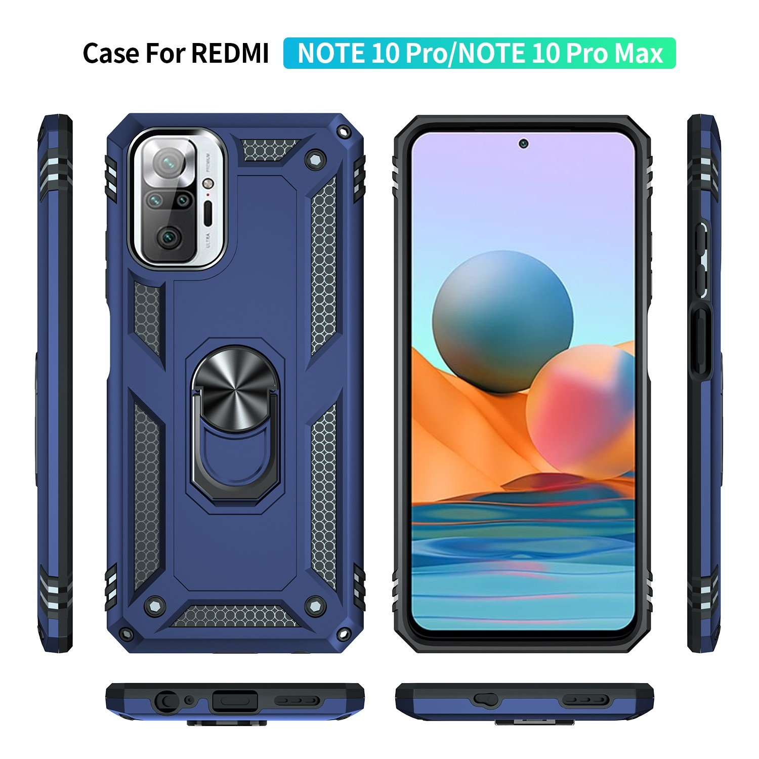 Funda azul para Redmi Note 10 Pro/Pro Max. La funda tiene un soporte de anillo metálico y un diseño texturizado.
