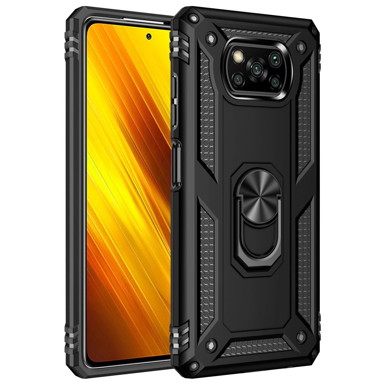 Funda negra para teléfono con teléfono, soporte de anillo y patrón hexagonal.
