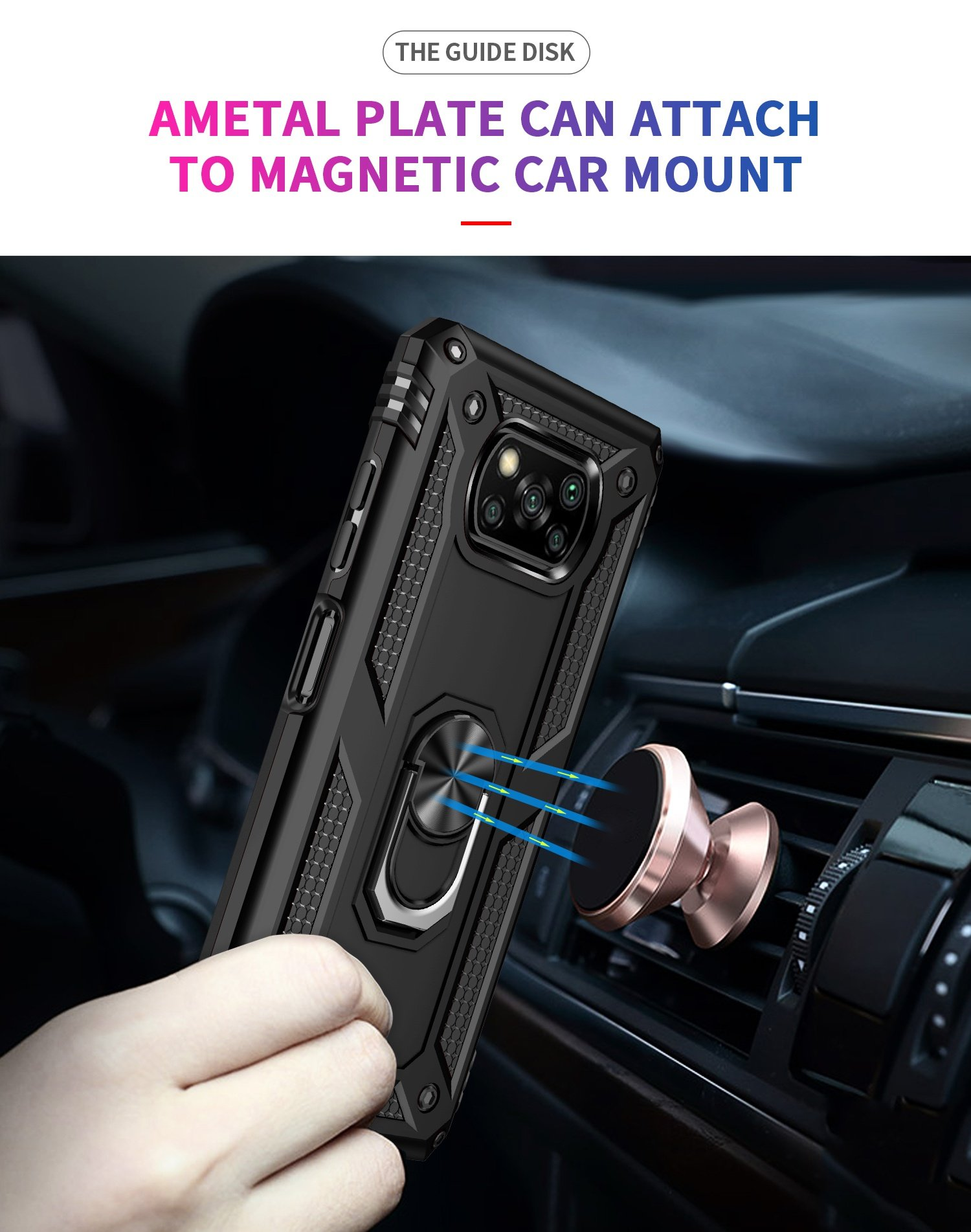 Funda negra para teléfono sujeta a una rejilla de ventilación con montaje magnético. Líneas azules.