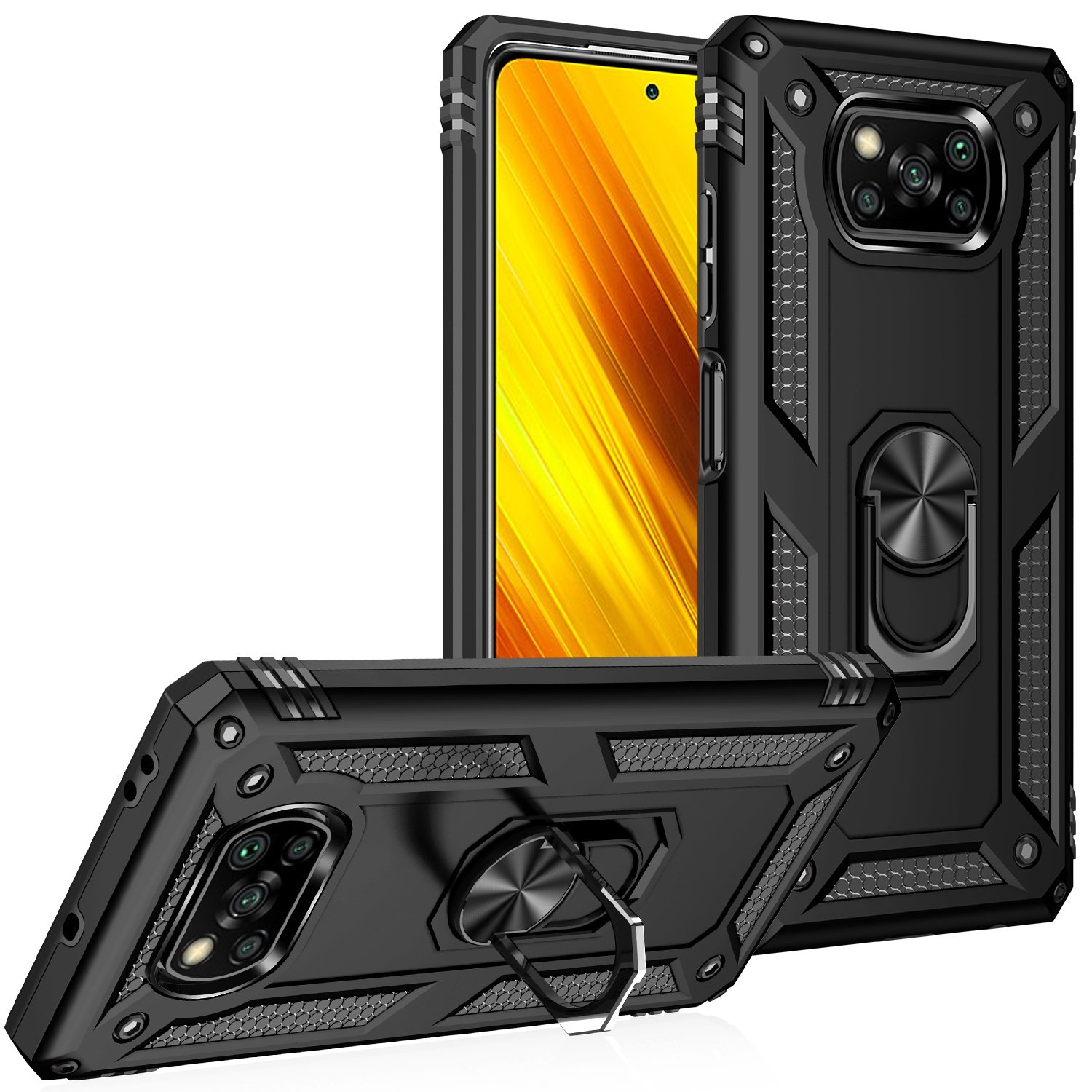Funda negra para teléfono con soporte de anillo y cámara. La pantalla del teléfono es visible.
