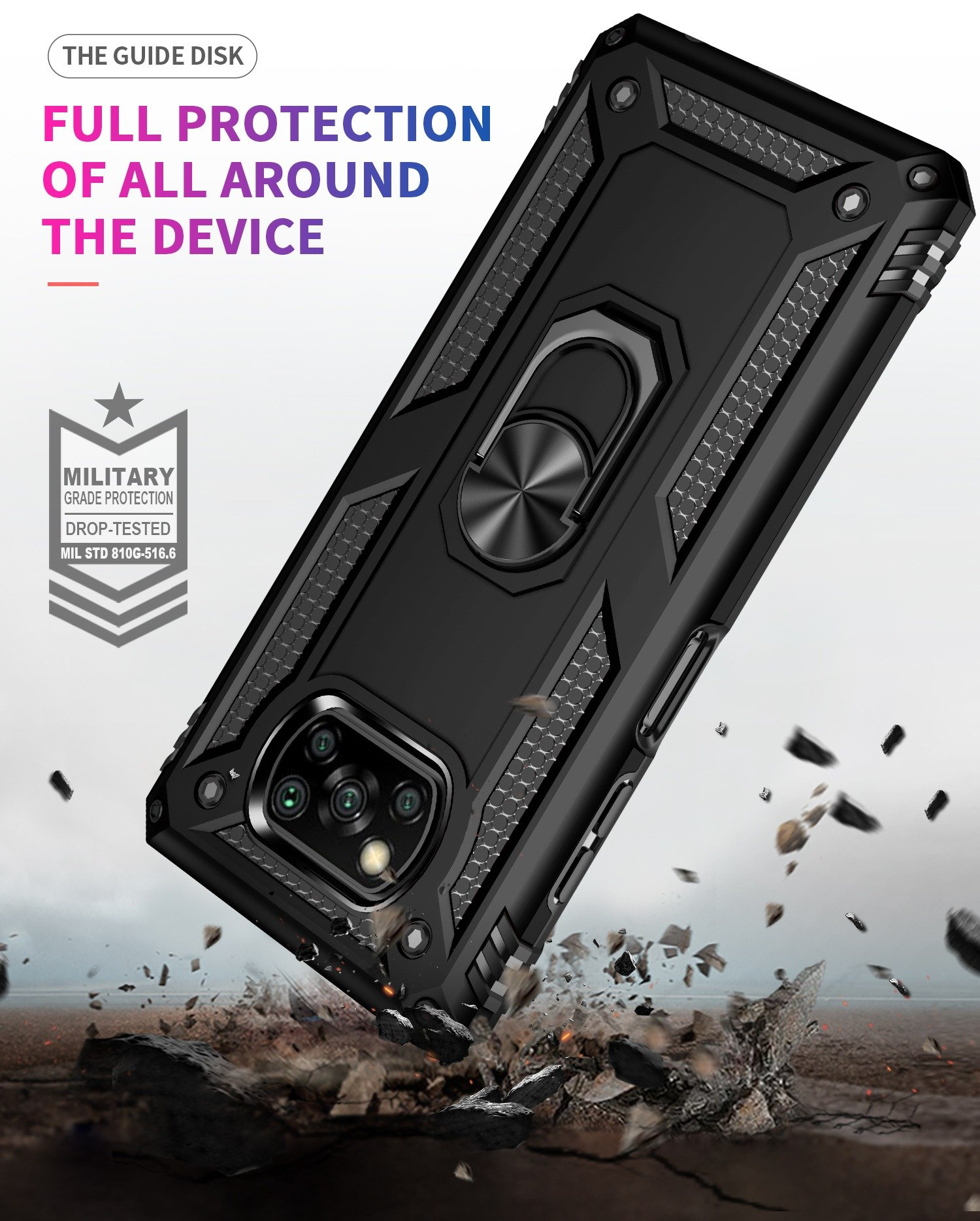 Funda negra para teléfono en una superficie, con soporte de anillo y escombros por caída.