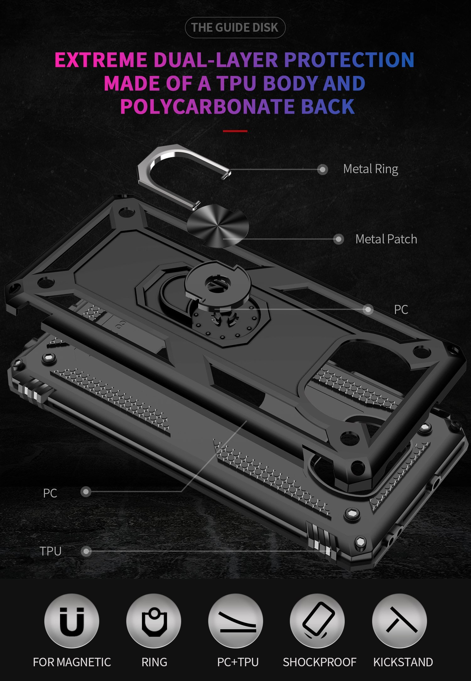 Funda negra con anillo. Capas de TPU, PC y metal. El texto indica protección de doble capa.