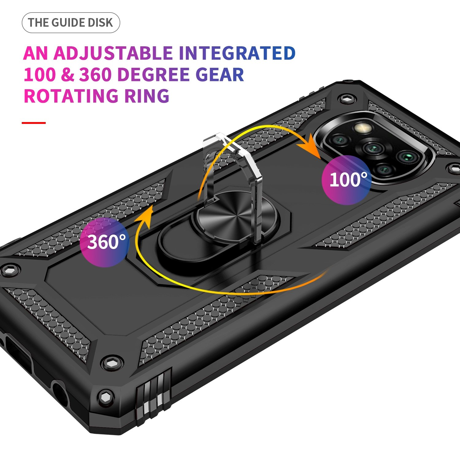 Funda negra para teléfono con anillo y engranaje giratorio, mostrando rotación de 100 y 360 grados.