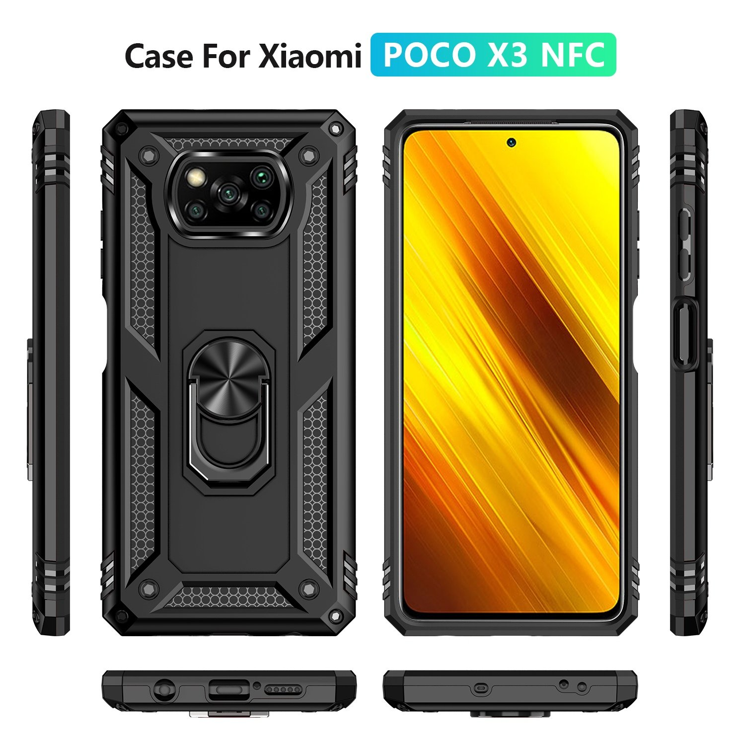 Funda negra para Xiaomi Poco X3 NFC con vistas: frontal, posterior y laterales.