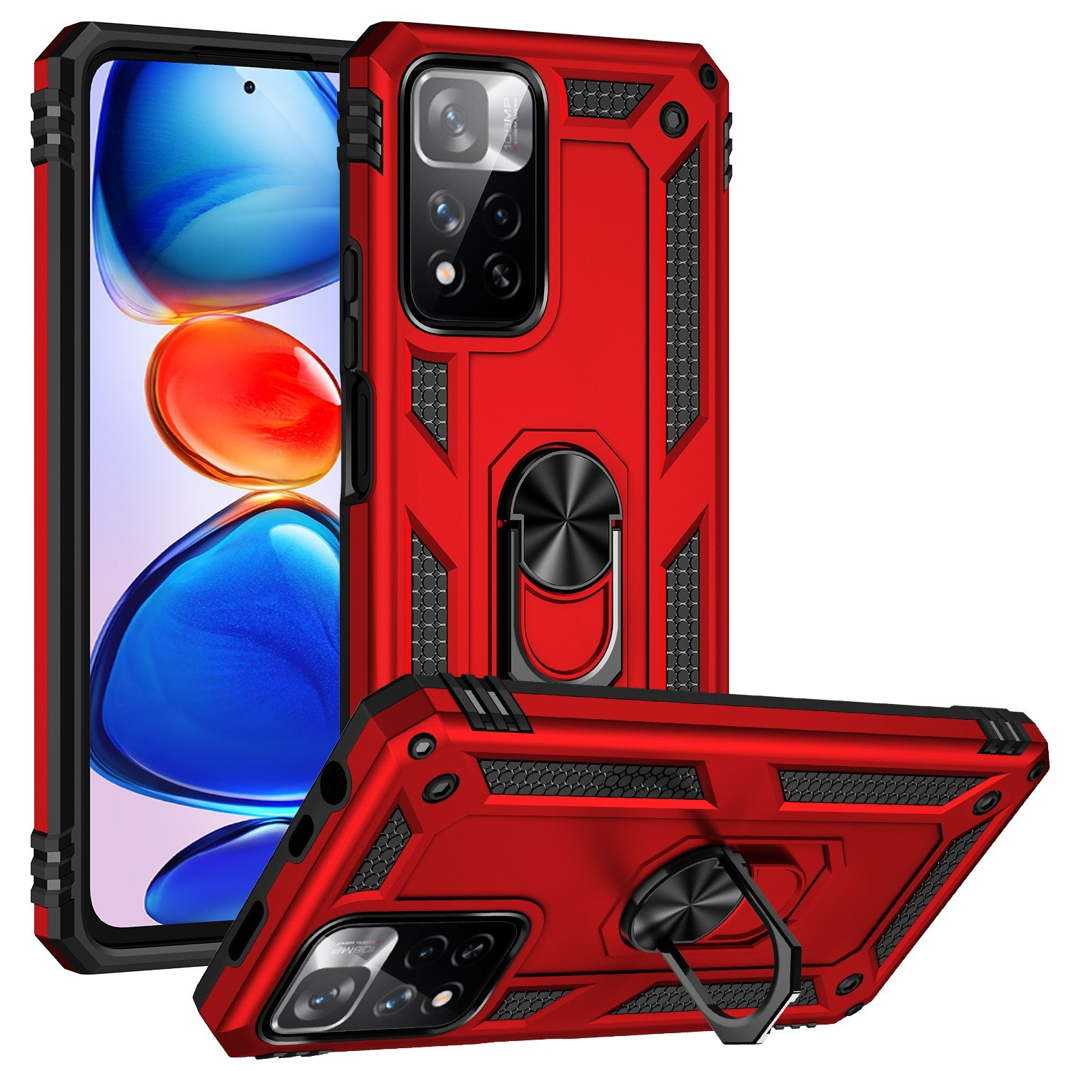 Funda roja para teléfono con teléfono dentro, soporte de anillo y múltiples ángulos.