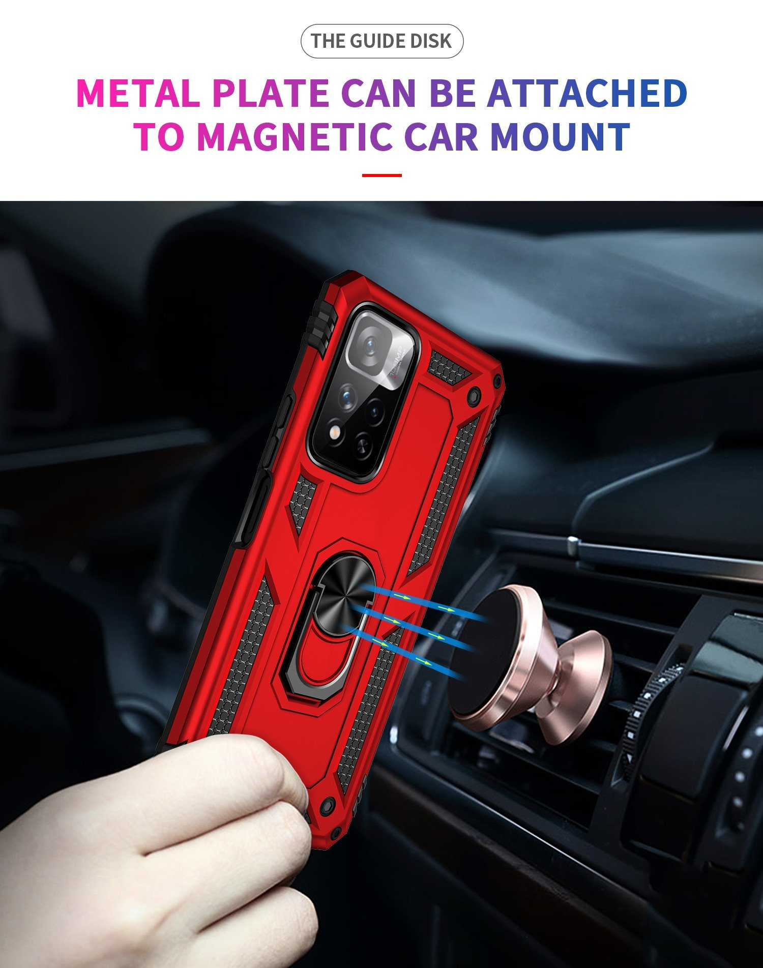 Funda roja para teléfono sujeta a una rejilla de ventilación con montaje magnético. Líneas de fuerza azules.
