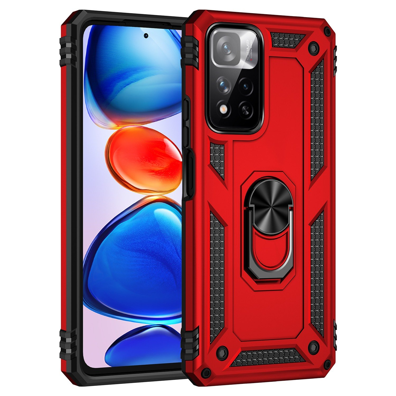 Funda roja para teléfono con teléfono dentro, mostrando módulo de cámara y soporte de anillo.