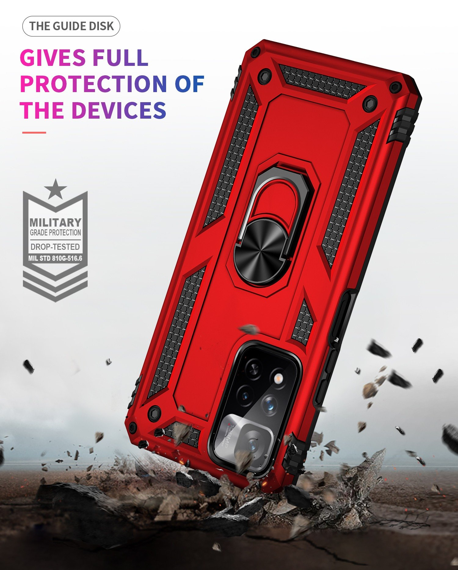 Funda roja para teléfono con teléfono dentro, soporte de anillo y descripción de protección militar.