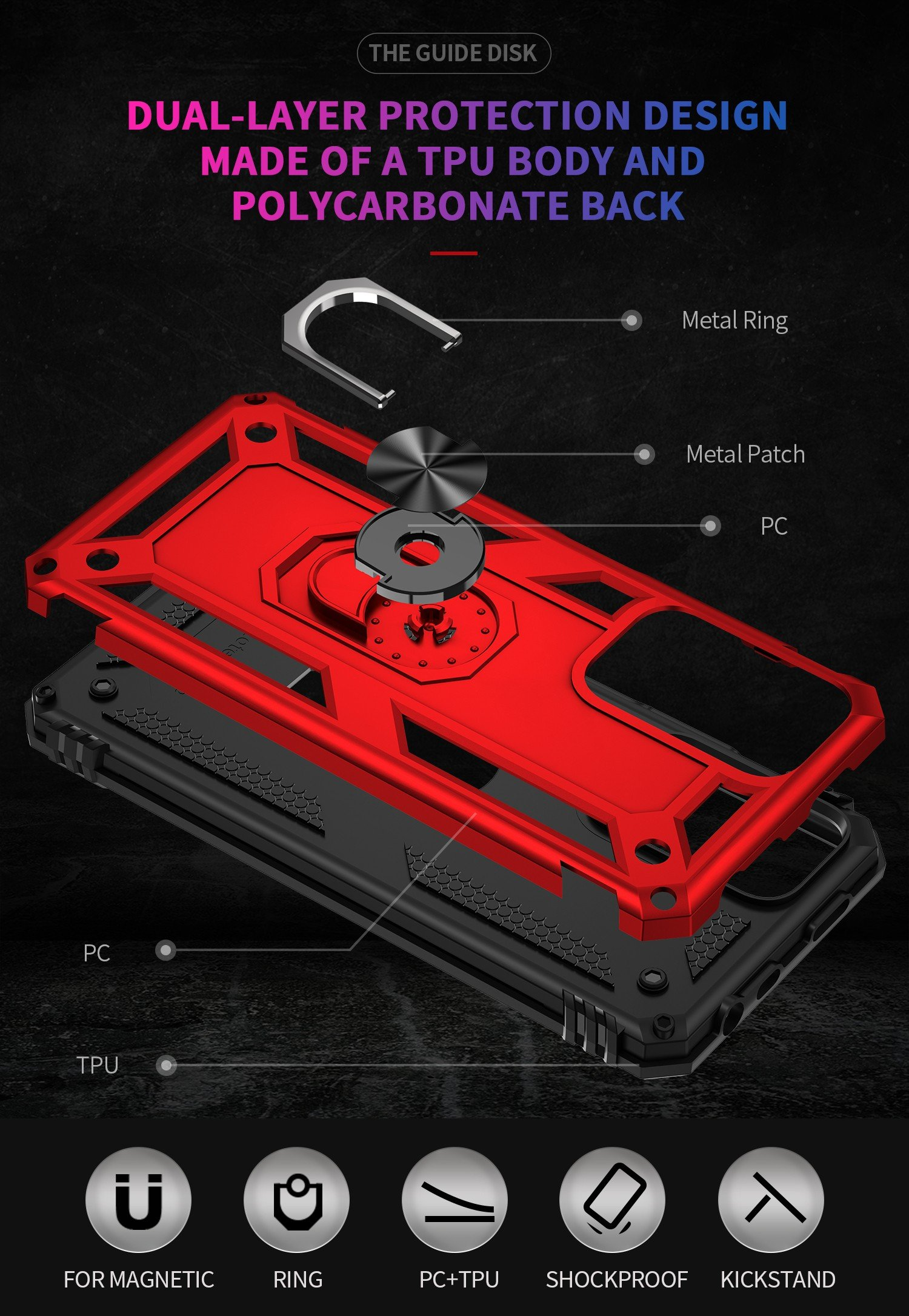 Vista explosionada de una funda roja que muestra capas, con anillo metálico, parche, PC y componentes TPU.