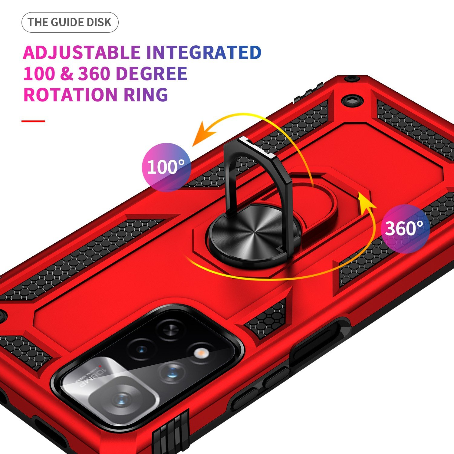 Funda roja con anillo, mostrando rotación de 100 y 360 grados. Diseño geométrico negro.