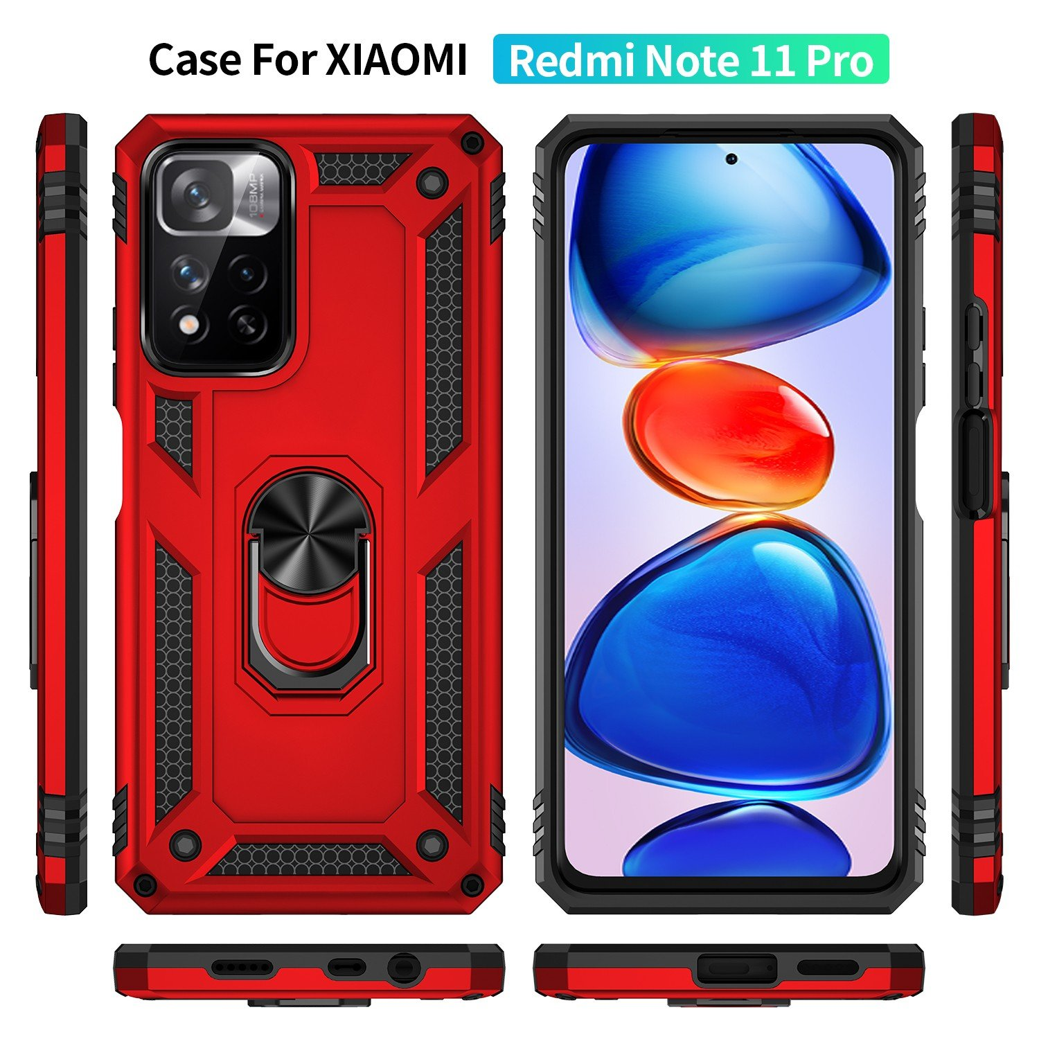 Funda roja para Xiaomi Redmi Note 11 Pro, mostrando múltiples vistas y ángulos de la funda.