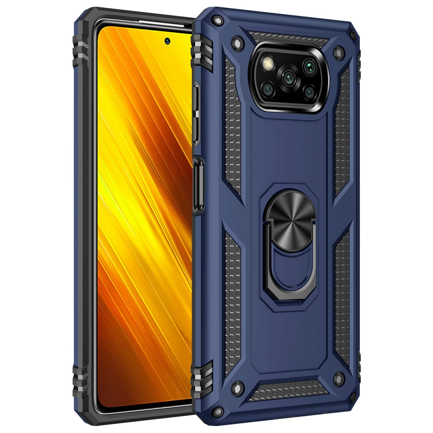 Una funda de teléfono azul con un soporte de anillo. El teléfono es negro y tiene un logo. La funda es resistente.