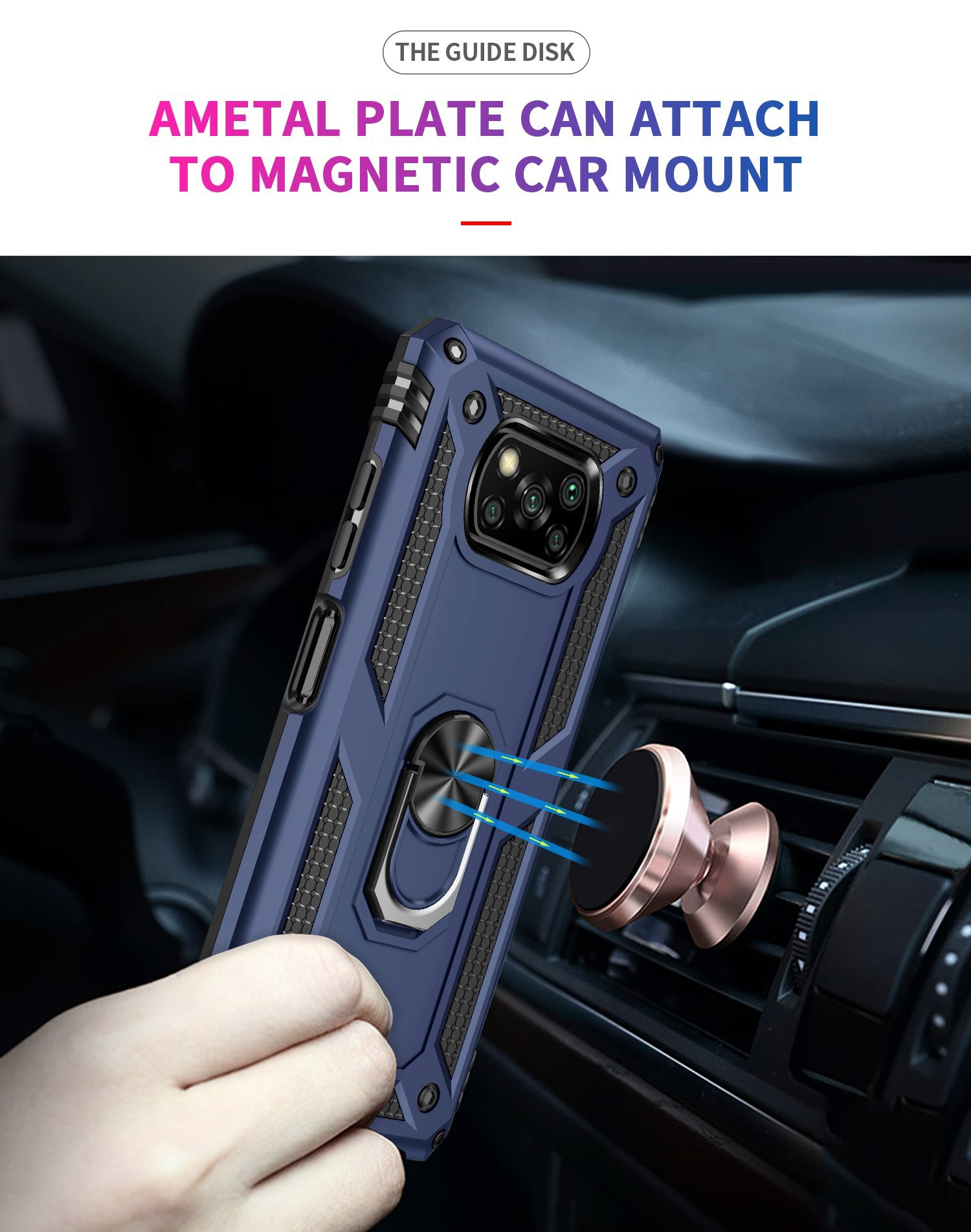 Funda azul con soporte de anillo adherida a un soporte magnético para automóvil. Texto: disco guía, placa metálica.