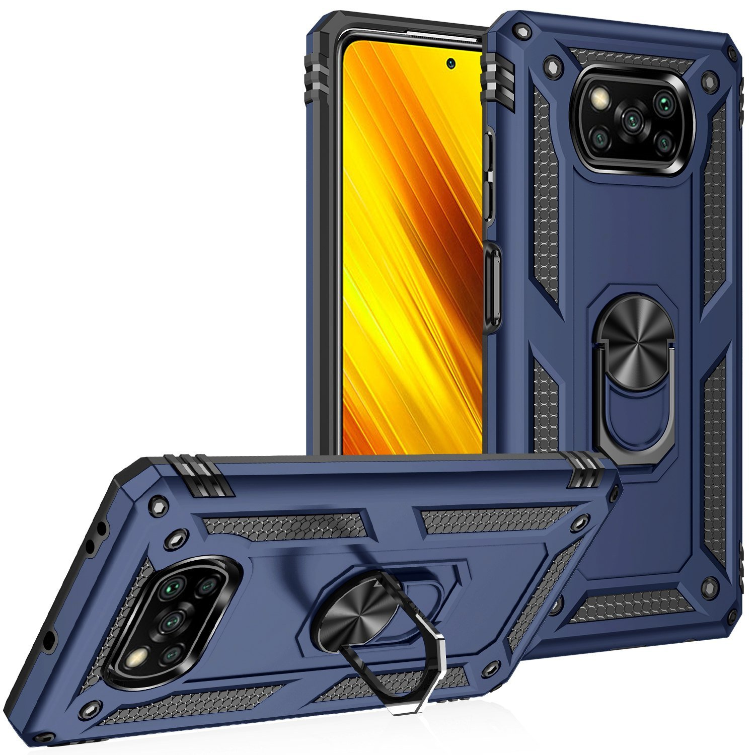 Varias vistas de una funda de teléfono azul con un soporte de anillo. El teléfono tiene una cámara.
