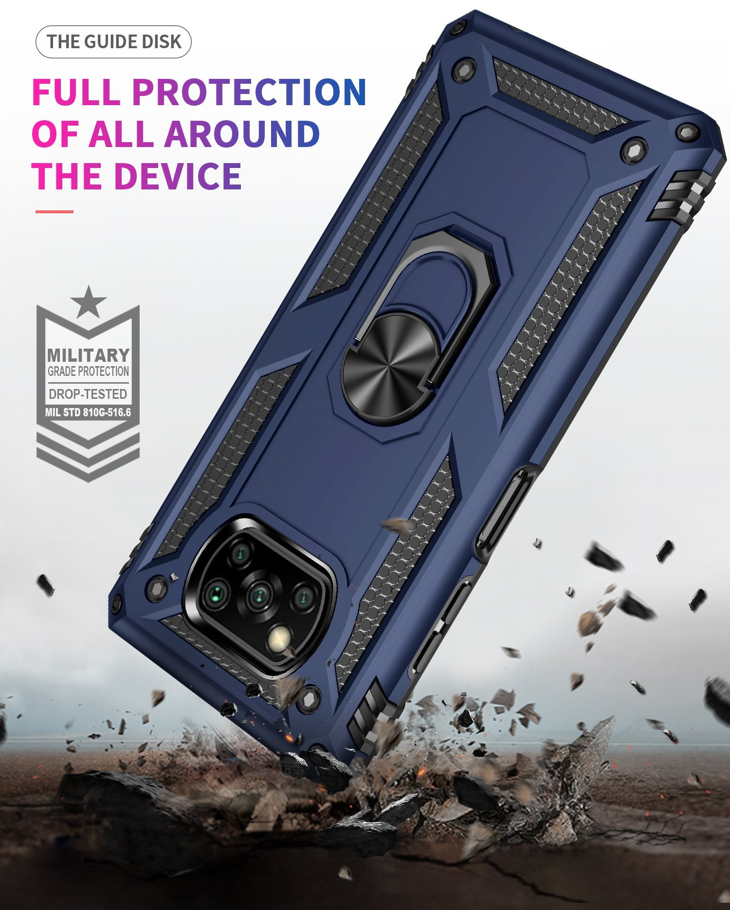 Funda azul con soporte de anillo y texto: protección total del dispositivo. La funda se cae al suelo.
